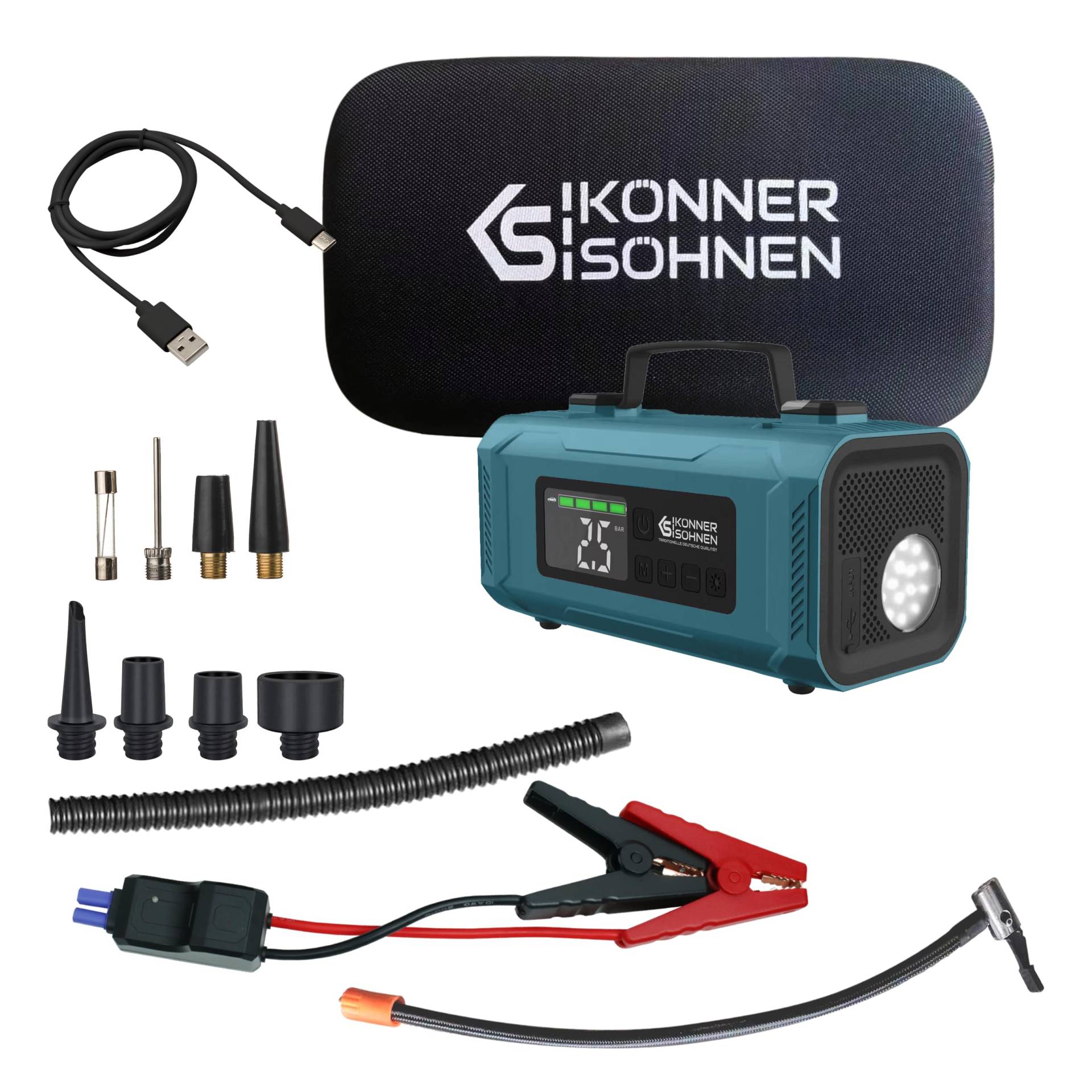 K&S Könner&Söhnen KS JSP-2000 Auto Kompressor mit startgerät 4 in 1/14800 mAh, Tragbare Elektronische Luftpumpe 140 psi, Autoreifen Pumpe 22 l/min, digitales Display, Notfall-LED-Taschenlampe K&S Könner&Söhnen KS JSP-2000 Auto Kompressor mit startgerät 4 in 1/14800 mAh, Tragbare Elektronische Luftpumpe 140 psi, Autoreifen Pumpe 22 l/min, digitales Display, Notfall-LED-Taschenlampe von K&S Könner&Söhnen