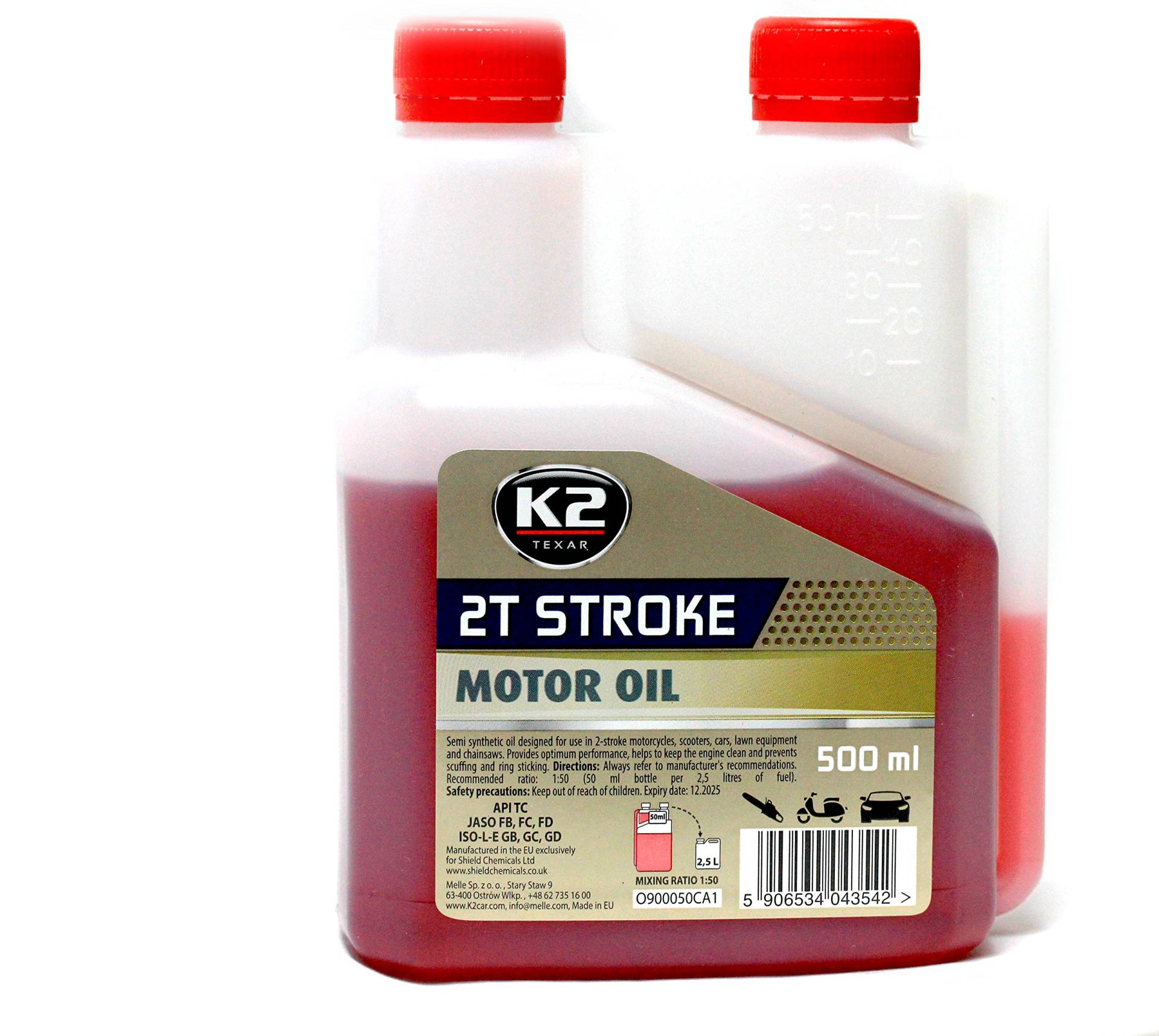2-Takt Motoröl Halbsynthetik im Dosierflasche API:TC, JASO:FC, ISO:EGC., Farbe:Rot 2-Takt Motoröl Halbsynthetik im Dosierflasche API:TC, JASO:FC, ISO:EGC., Farbe:Rot von K2