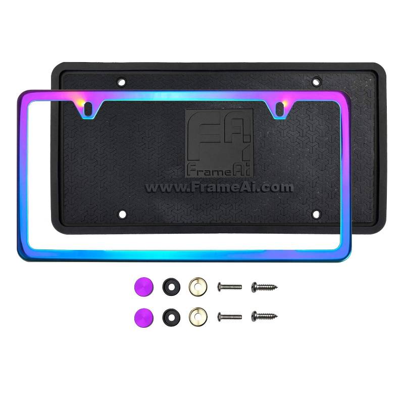 KA Depot Silikon Rückenschutz Zwei Löcher Slim Kennzeichenhalter Neon Neo Chrom Spiegel Kennzeichenrahmen T304 Edelstahl + Metall Schraubverschlüsse von KA Depot