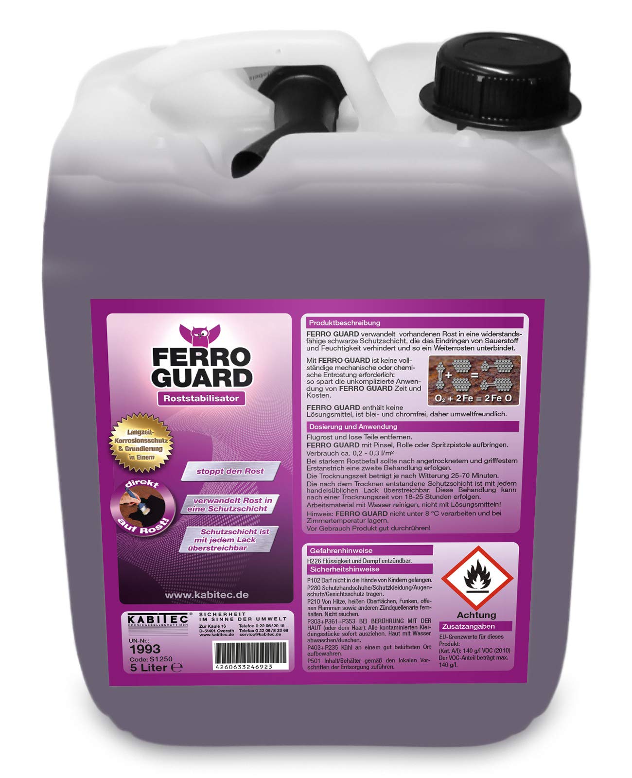 KABITEC Ferro Guard Roststabilisator │ verwandelt vorhandenen Rost in eine widerstandsfähige Schutzschicht │ Rostumwandler Rostkonverter Rostblocker │ 5 Liter Kanister KABITEC Ferro Guard Roststabilisator │ verwandelt vorhandenen Rost in eine widerstandsfähige Schutzschicht │ Rostumwandler Rostkonverter Rostblocker │ 5 Liter Kanister von KABITEC