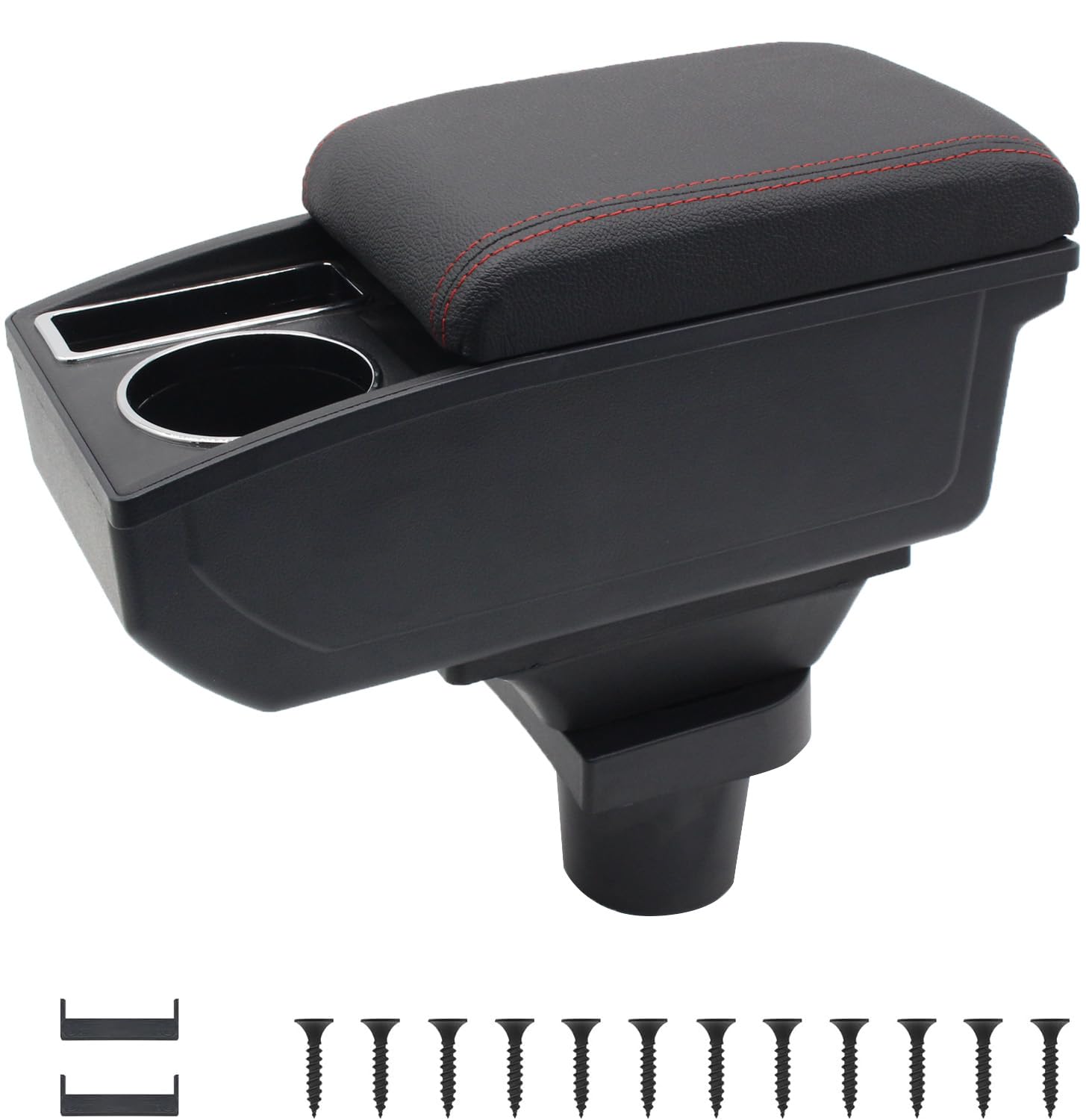 KAERGK Auto Armlehnen für Skoda Citigo Mittelkonsolen für Kfz Doppelter Stauraum mit Getränkehalter Einfache Montage Bequemes und strapazierfähiges Leder Schwarz (Rote Linie) von KAERGK
