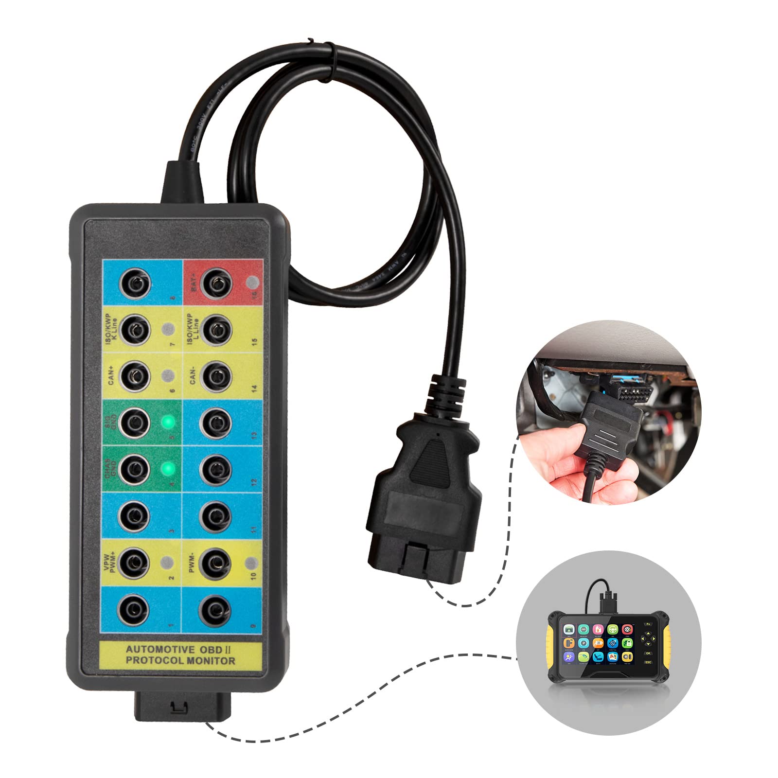 KAISAL OBD2 Breakout Box obd2 Diagnosegerät 16 Pin OBDII Protokoll Detektor Diagnosewerkzeug für Kommunikation Auto Diagnose Scan Tool mit Automotor Fehler-Code Scanner,Erdungserkennung von KAISAL