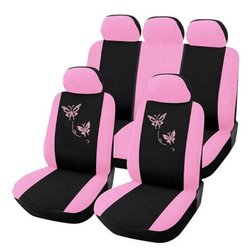 KAMIAK SitzbezüGe, 4/9pcs Set Rosa Autositzbezüge Mit Schmetterling Stickerei, Frau Sitzbezüge Automobil-Innen Zubehör (Color: 9pcs) von KAMIAK