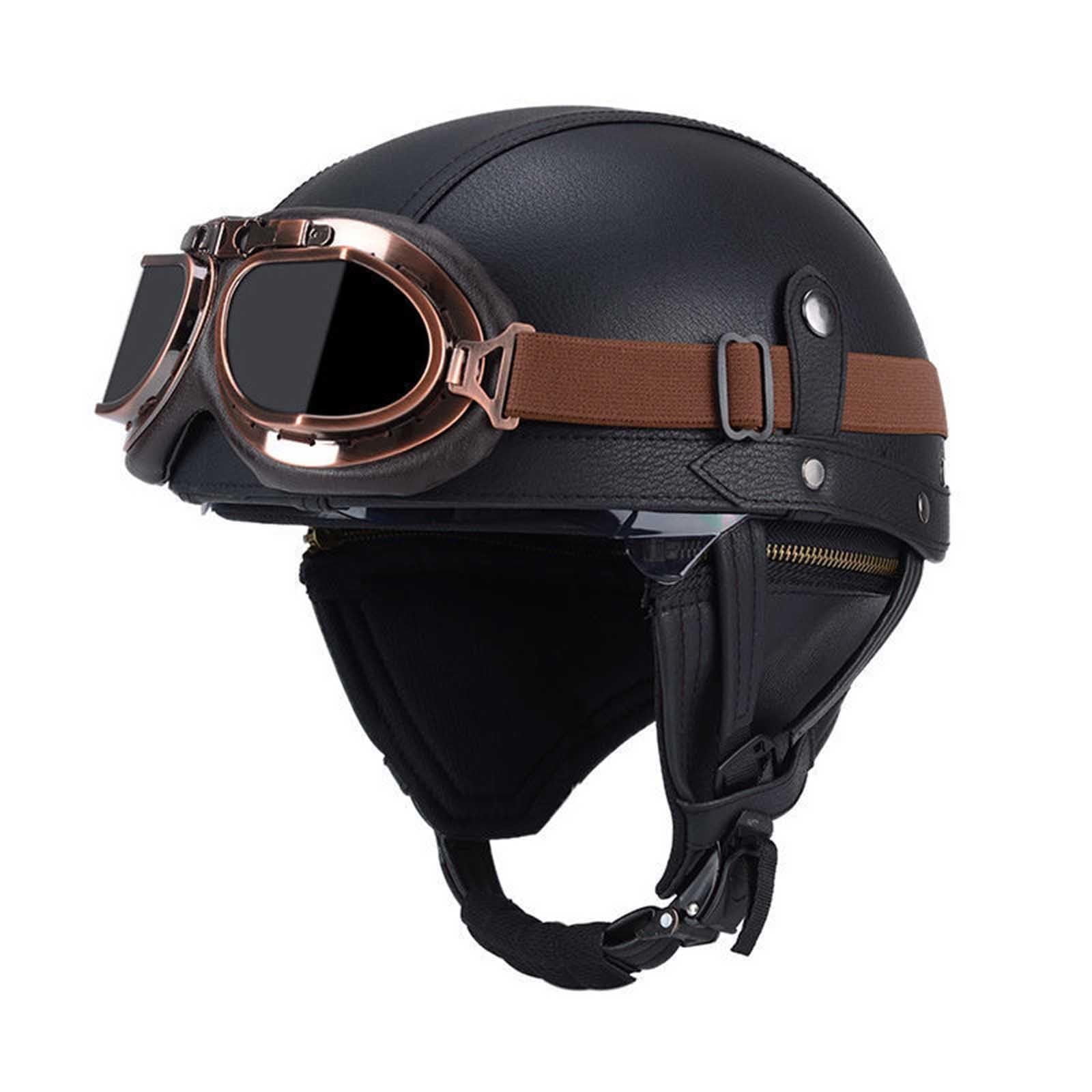 Deutsche Leder Motorrad Halbhelme, Retro Halbschalenhelm ECE-Zulassung, Jethelm Mit Visier Schnellverschluss Schnalle Für Cruiser Chopper Biker Moped Erwachsene Herren Damen B,L=(59-60CM) von KANMUASD