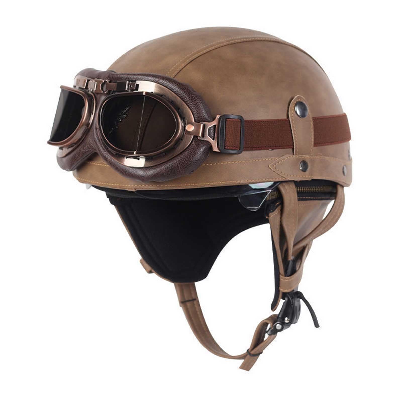 Deutsche Leder Motorrad Halbhelme, Retro Halbschalenhelm ECE-Zulassung, Jethelm Mit Visier Schnellverschluss Schnalle Für Cruiser Chopper Biker Moped Erwachsene Herren Damen C,L=(59-60CM) von KANMUASD