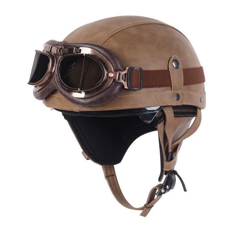 Deutsche Leder Motorrad Halbhelme, Retro Halbschalenhelm ECE-Zulassung, Jethelm Mit Visier Schnellverschluss Schnalle Für Cruiser Chopper Biker Moped Erwachsene Herren Damen C,L=(59-60CM) von KANMUASD