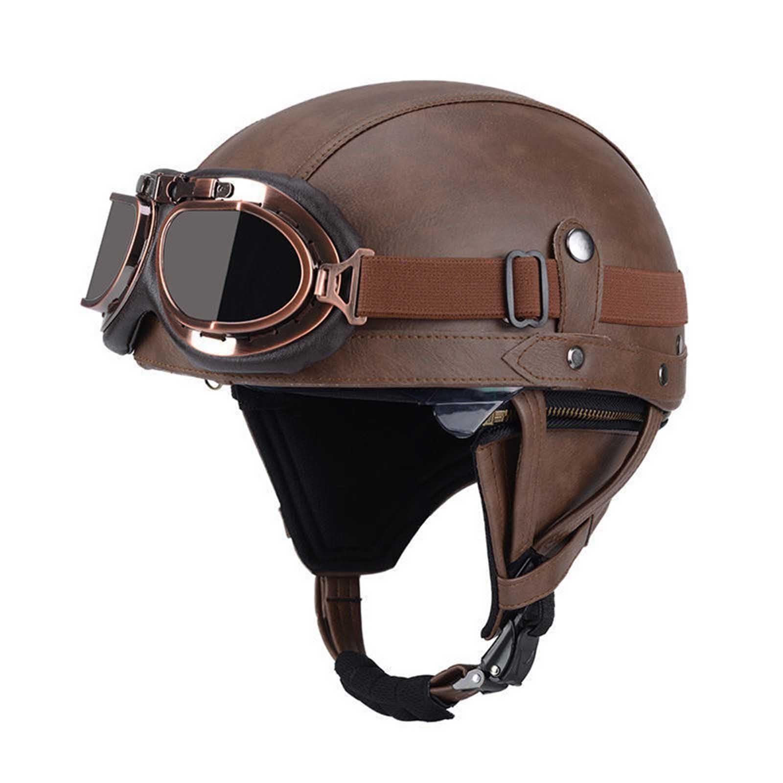 Deutsche Leder Motorrad Halbhelme, Retro Halbschalenhelm ECE-Zulassung, Jethelm Mit Visier Schnellverschluss Schnalle Für Cruiser Chopper Biker Moped Erwachsene Herren Damen D,L=(59-60CM) von KANMUASD