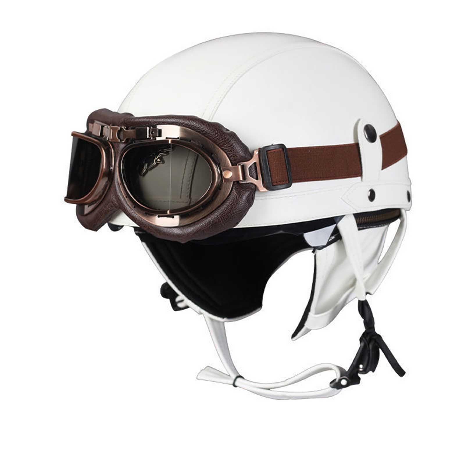 Deutsche Leder Motorrad Halbhelme, Retro Halbschalenhelm ECE-Zulassung, Jethelm Mit Visier Schnellverschluss Schnalle Für Cruiser Chopper Biker Moped Erwachsene Herren Damen F,M=(57-58CM) von KANMUASD