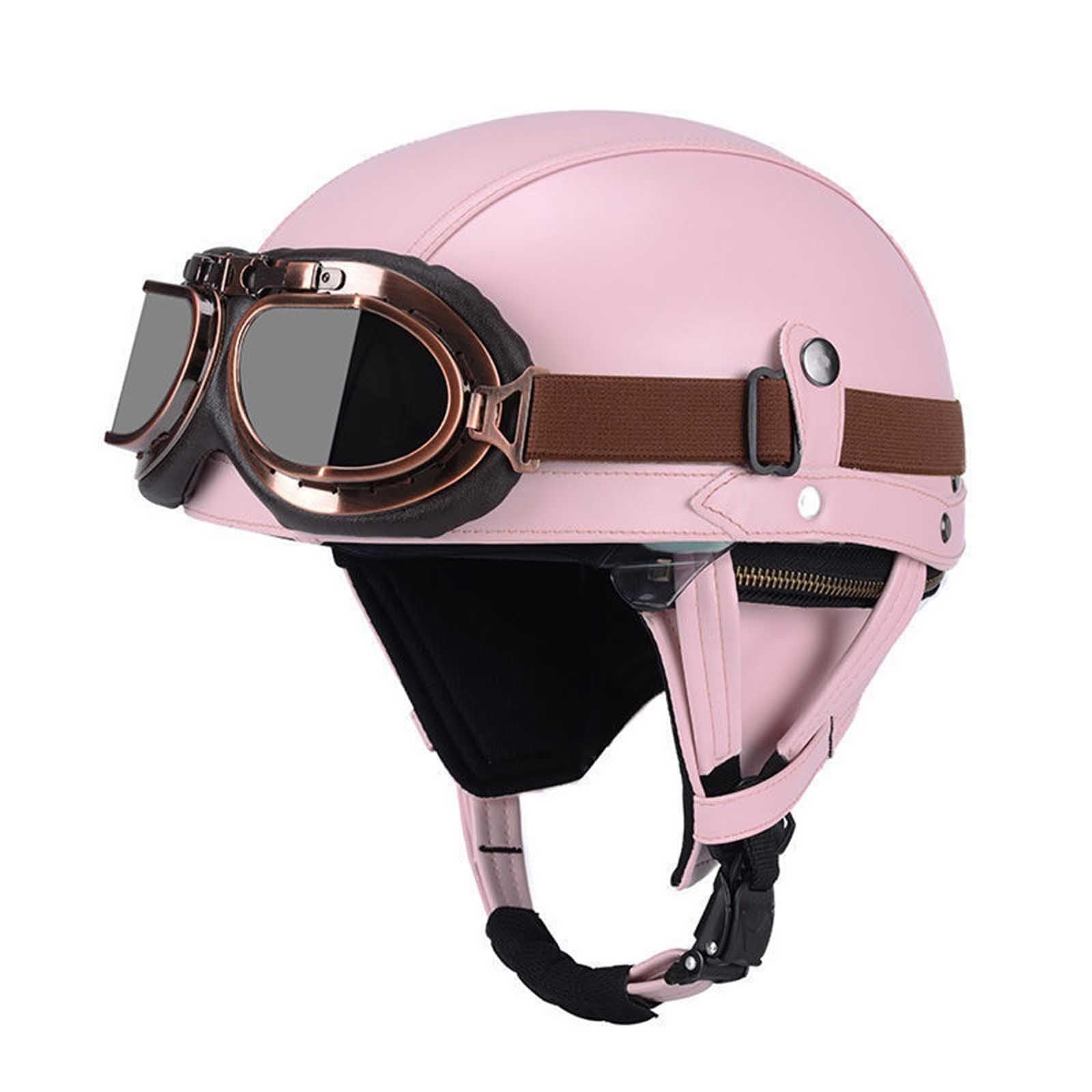 Deutsche Leder Motorrad Halbhelme, Retro Halbschalenhelm ECE-Zulassung, Jethelm Mit Visier Schnellverschluss Schnalle Für Cruiser Chopper Biker Moped Erwachsene Herren Damen G,M=(57-58CM) von KANMUASD