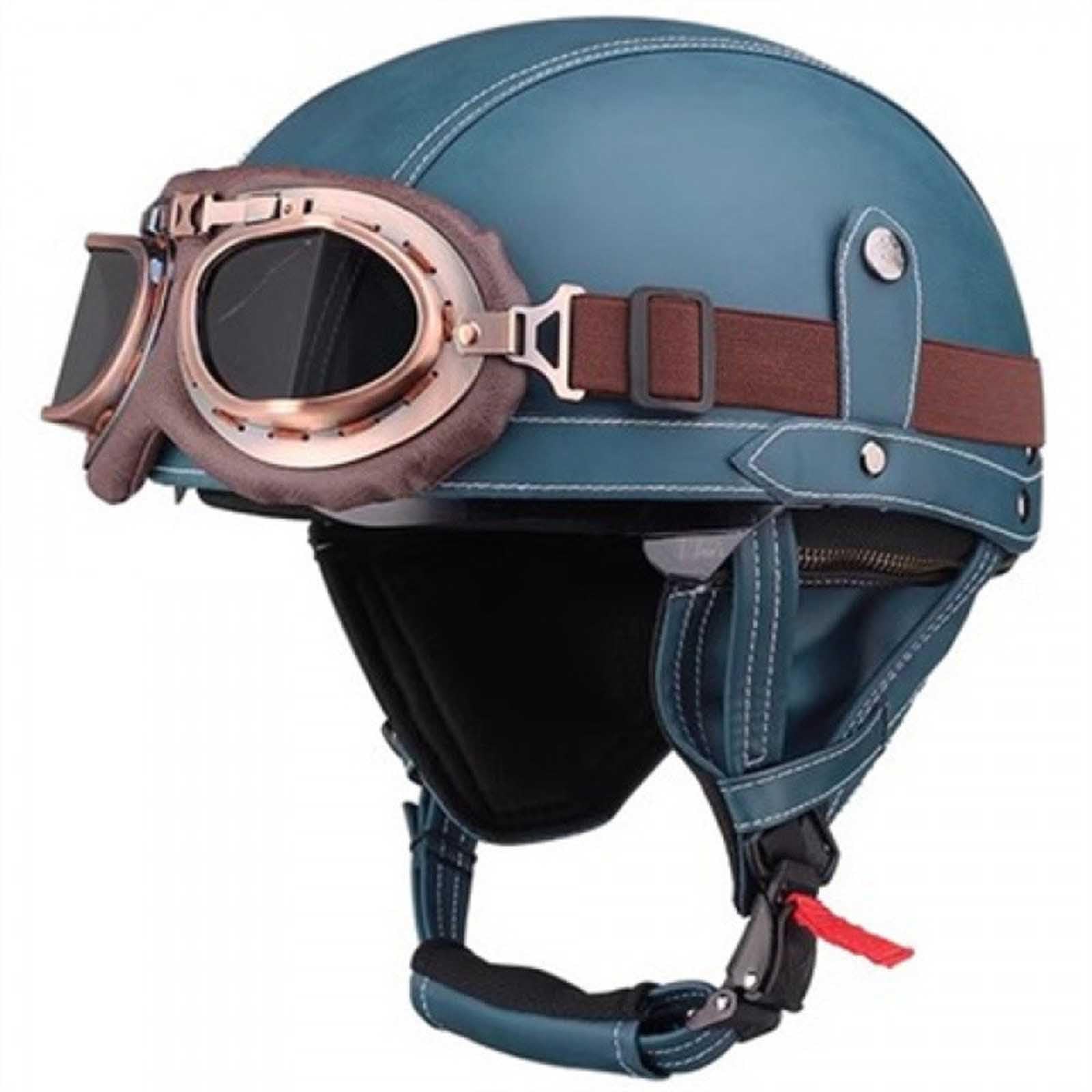 Deutsche Leder Motorrad Halbhelme, Retro Halbschalenhelm ECE-Zulassung, Jethelm Mit Visier Schnellverschluss Schnalle Für Cruiser Chopper Biker Moped Erwachsene Herren Damen H,L=(59-60CM) von KANMUASD