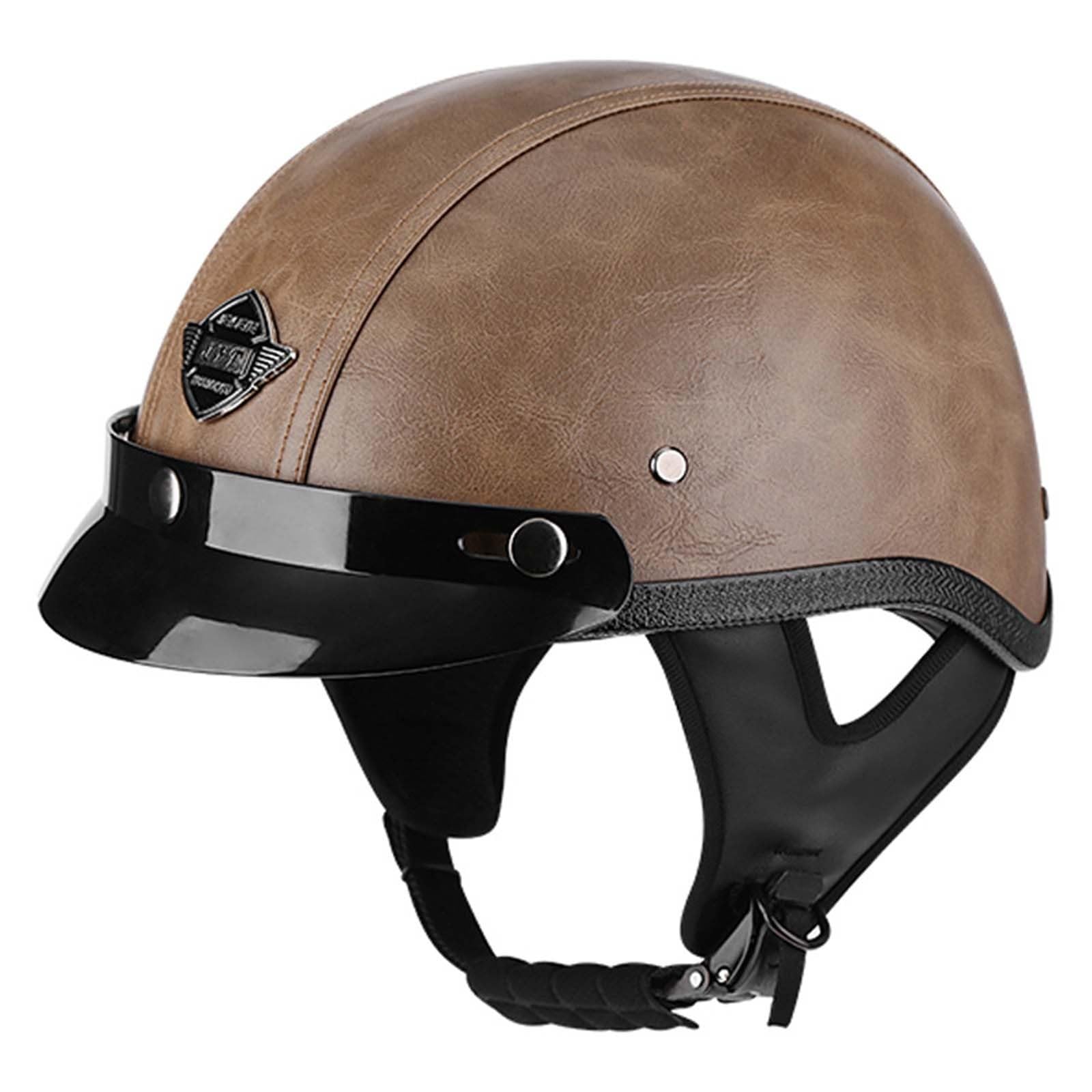 Halbhelm Vintage Leder Motorrad, Halbschalenhelmece Zugelassen, Retro Deutscher Stil Jethelm Mit Visier, Motorradhelm Für Scooter Moped Herren Damen Helm E,L=(59-60CM) von KANMUASD