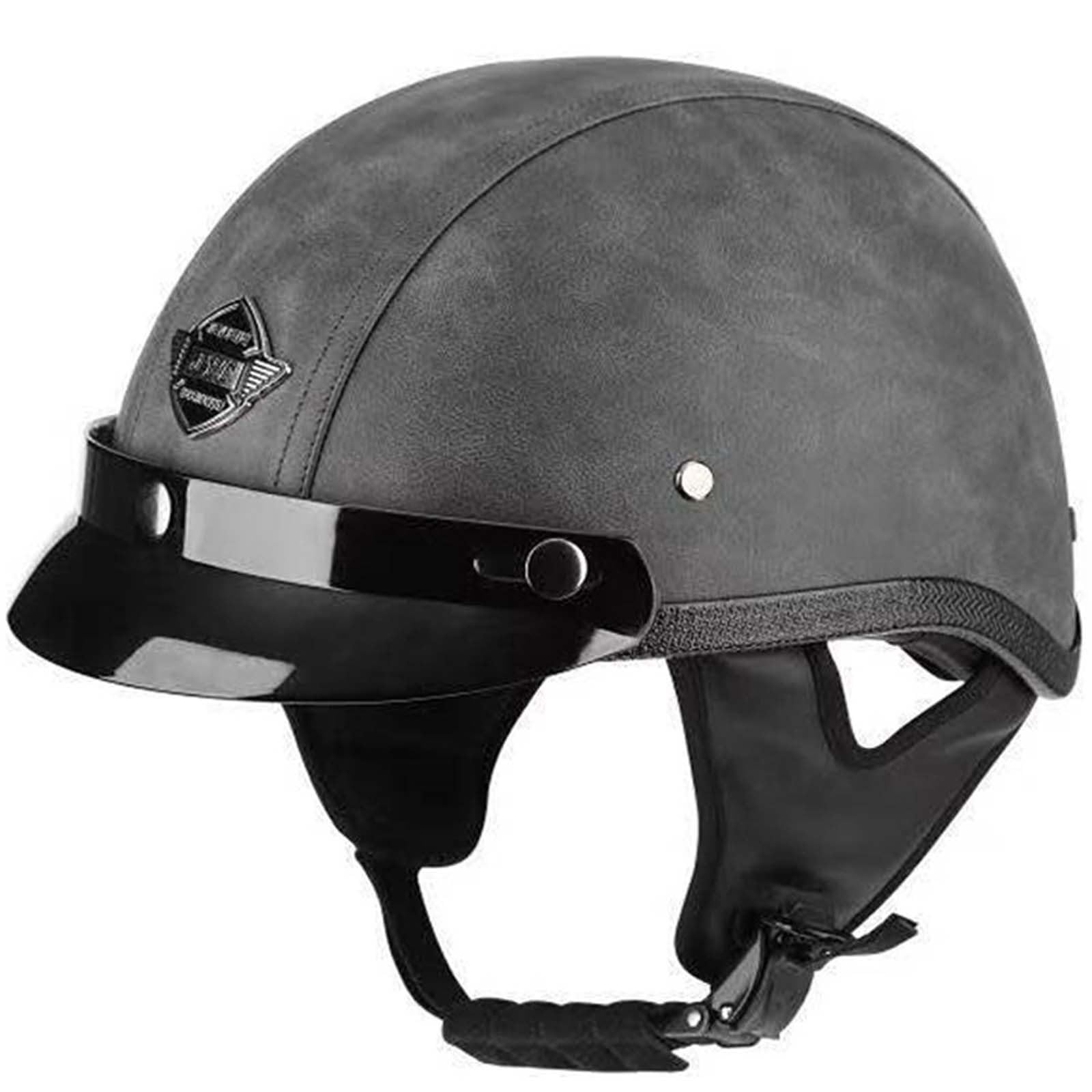 Halbhelm Vintage Leder Motorrad, Halbschalenhelmece Zugelassen, Retro Deutscher Stil Jethelm Mit Visier, Motorradhelm Für Scooter Moped Herren Damen Helm F,L=(59-60CM) von KANMUASD