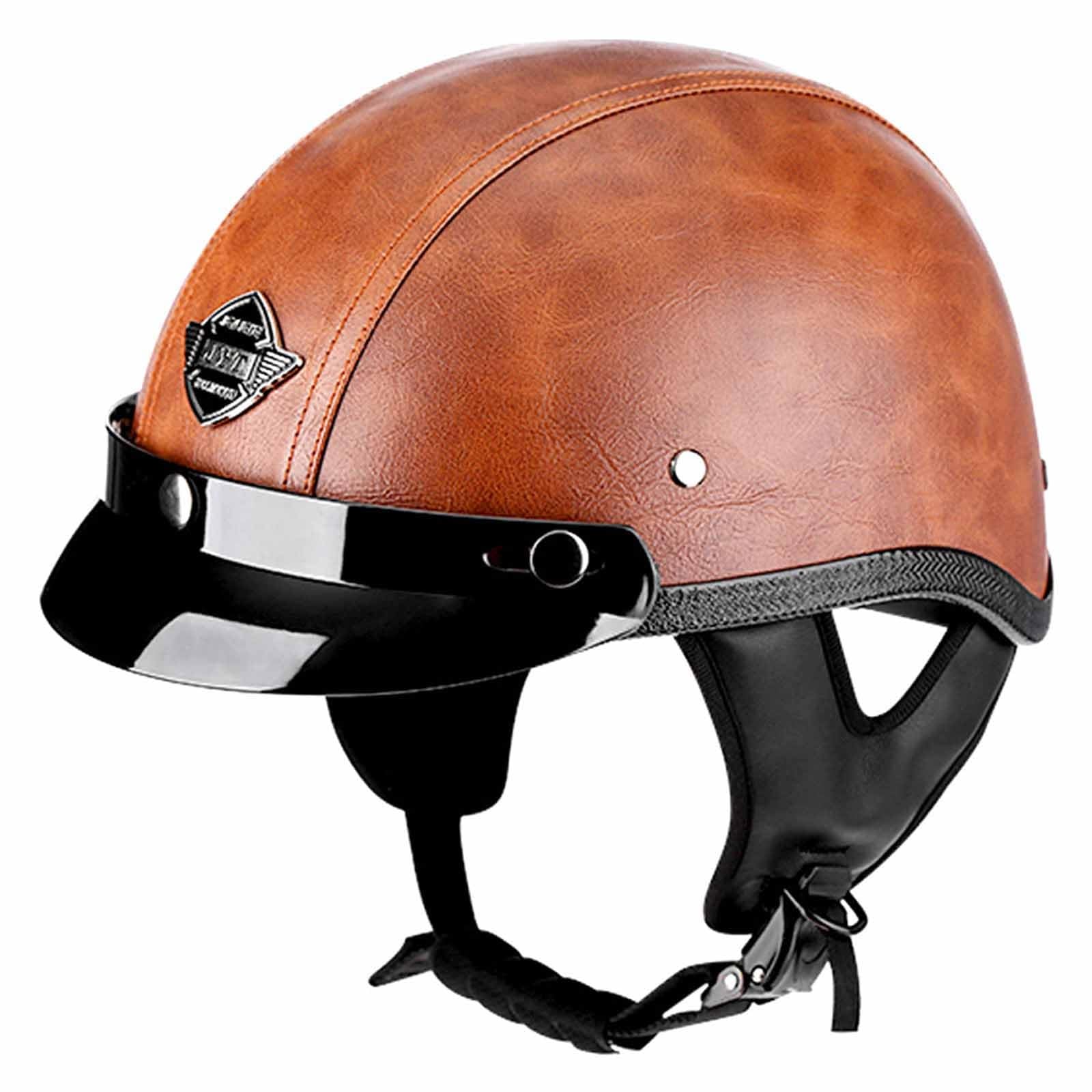Halbhelm Vintage Leder Motorrad, Halbschalenhelmece Zugelassen, Retro Deutscher Stil Jethelm Mit Visier, Motorradhelm Für Scooter Moped Herren Damen Helm G,L=(59-60CM) von KANMUASD