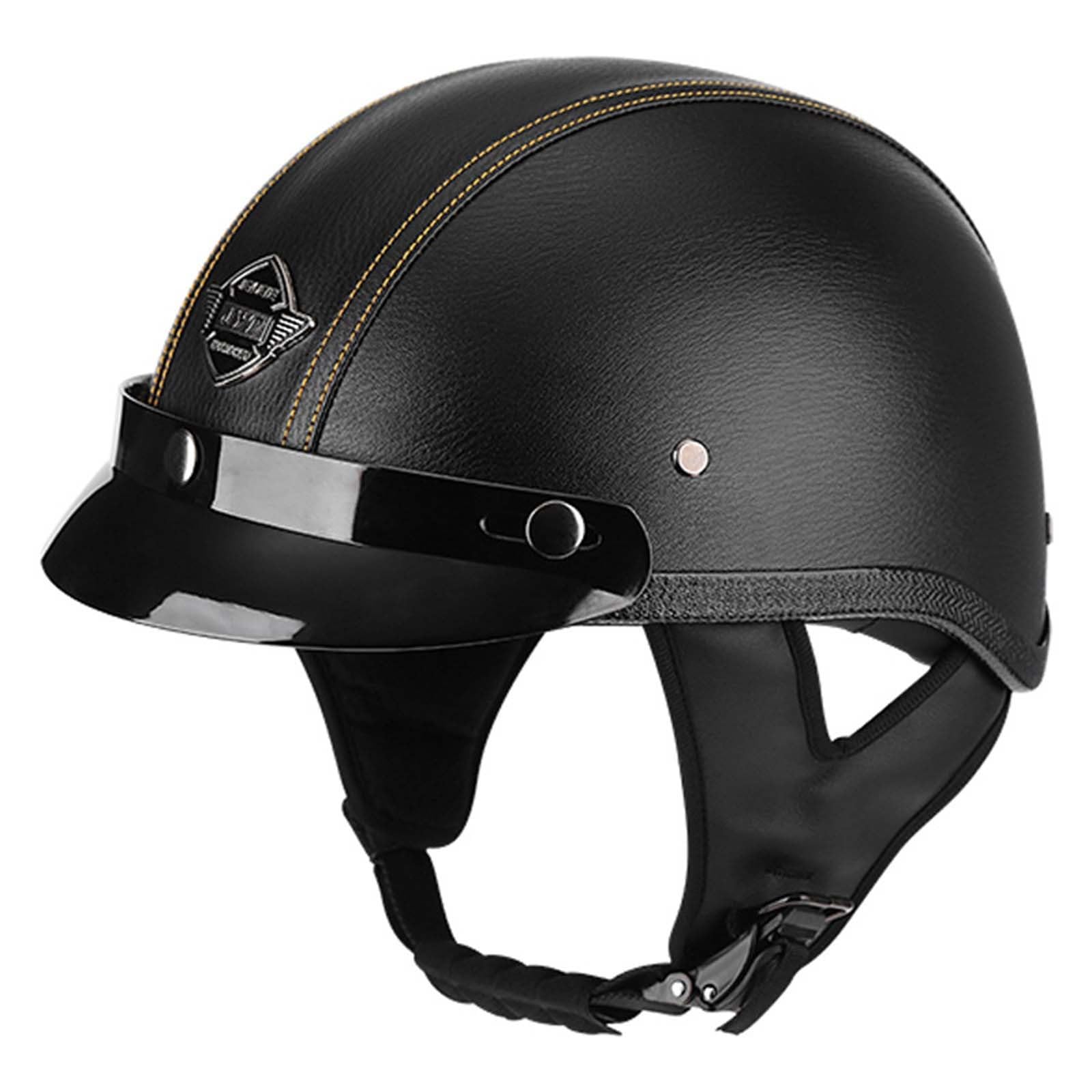 Halbhelm Vintage Leder Motorrad, Halbschalenhelmece Zugelassen, Retro Deutscher Stil Jethelm Mit Visier, Motorradhelm Für Scooter Moped Herren Damen Helm H,M=(57-58CM) von KANMUASD