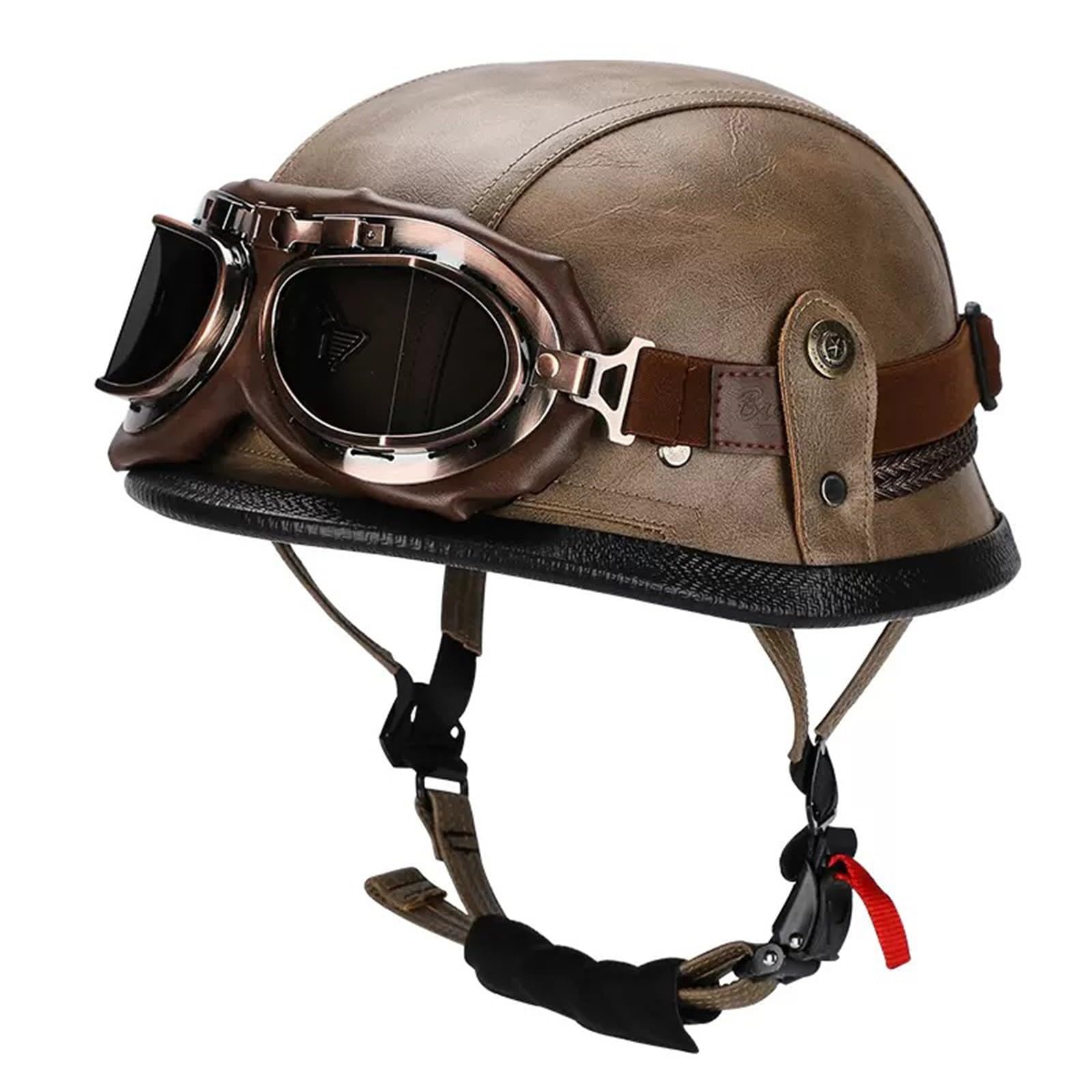 Motorrad Halbhelm Mit Brille, Halbschalenhelm Mit ECE Genehmigt, Deutscher Stil Retro Helm Für Männer Und Frauen Roller-Helm Jet-Helm Moped Helm Retro Für Erwachsene Herren Damen H,M=(57-58CM) von KANMUASD