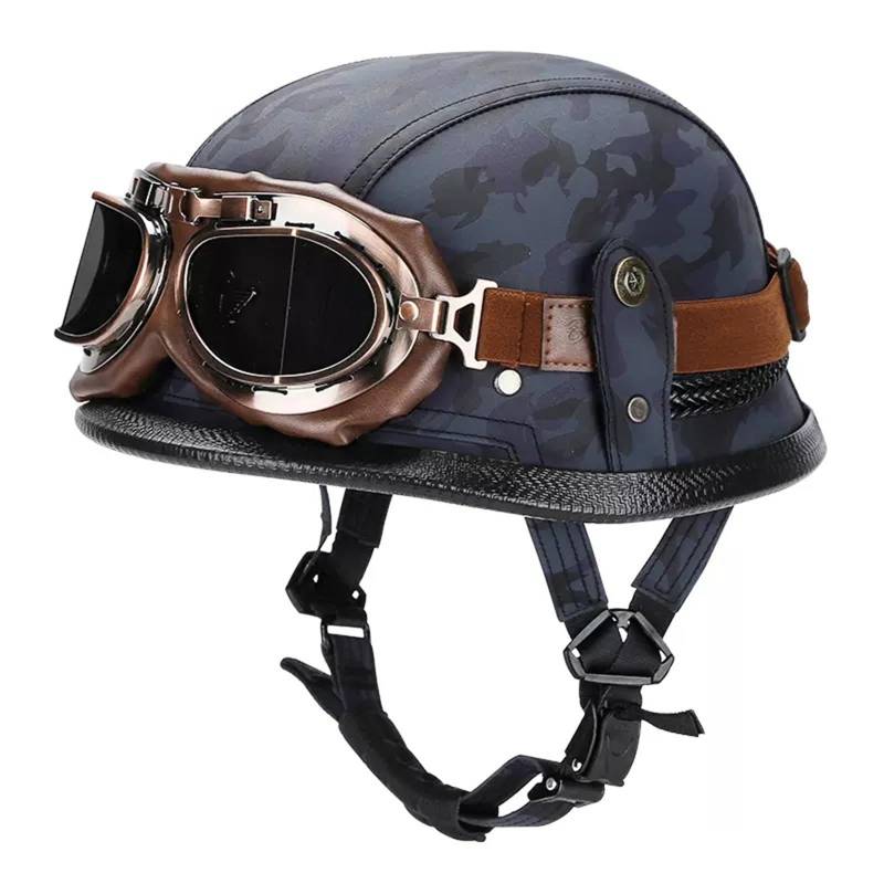 Motorrad Halbhelm Mit Brille, Halbschalenhelm Mit ECE Genehmigt, Deutscher Stil Retro Helm Für Männer Und Frauen Roller-Helm Jet-Helm Moped Helm Retro Für Erwachsene Herren Damen I,L=(59-60CM) von KANMUASD