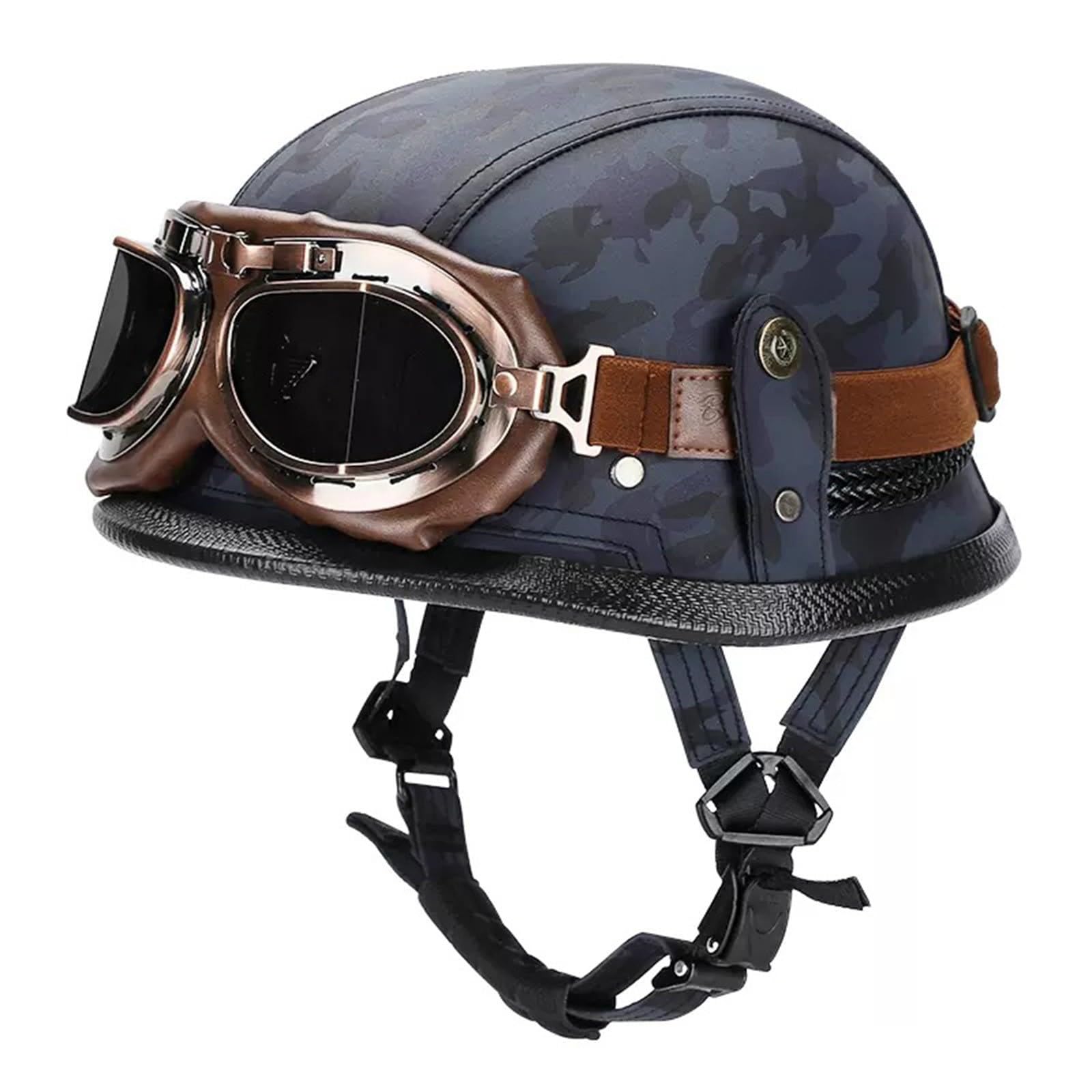 Motorrad Halbhelm Mit Brille, Halbschalenhelm Mit ECE Genehmigt, Deutscher Stil Retro Helm Für Männer Und Frauen Roller-Helm Jet-Helm Moped Helm Retro Für Erwachsene Herren Damen I,M=(57-58CM) von KANMUASD