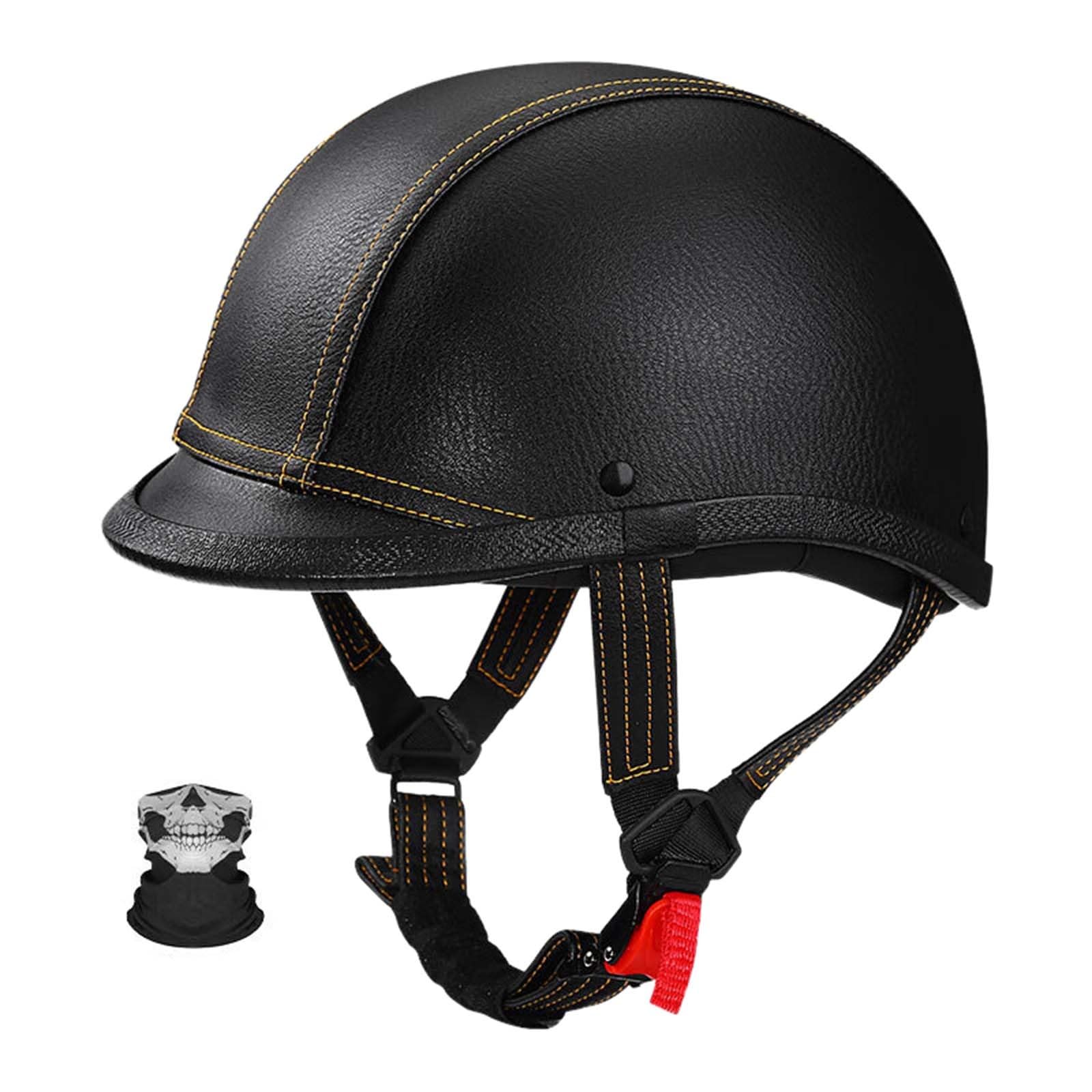 Retro Motorrad Halbhelme Deutscher Stil Leder Motorradhelm Motorradhelm Halbschalenhelm Mit ECE Pu-Leder Half Helm Mit Maske Roller Cruiser Chopper Anti Collision Helm G,L=(59-60CM) von KANMUASD