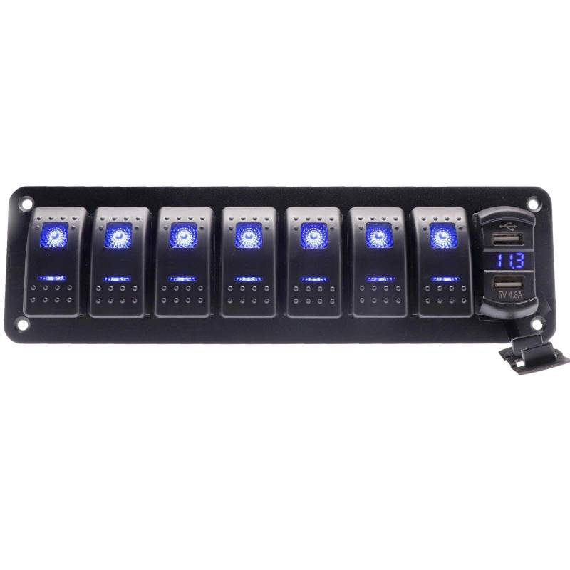 KAOLALI 5/7-Gang-Kippschalter-Panel-Set, 12 V/24 V, Leitungsschutzschalter, blaue LED, wasserdicht, Marine-Kippschalter-Panel, dualer USB-Ladeanschluss von KAOLALI