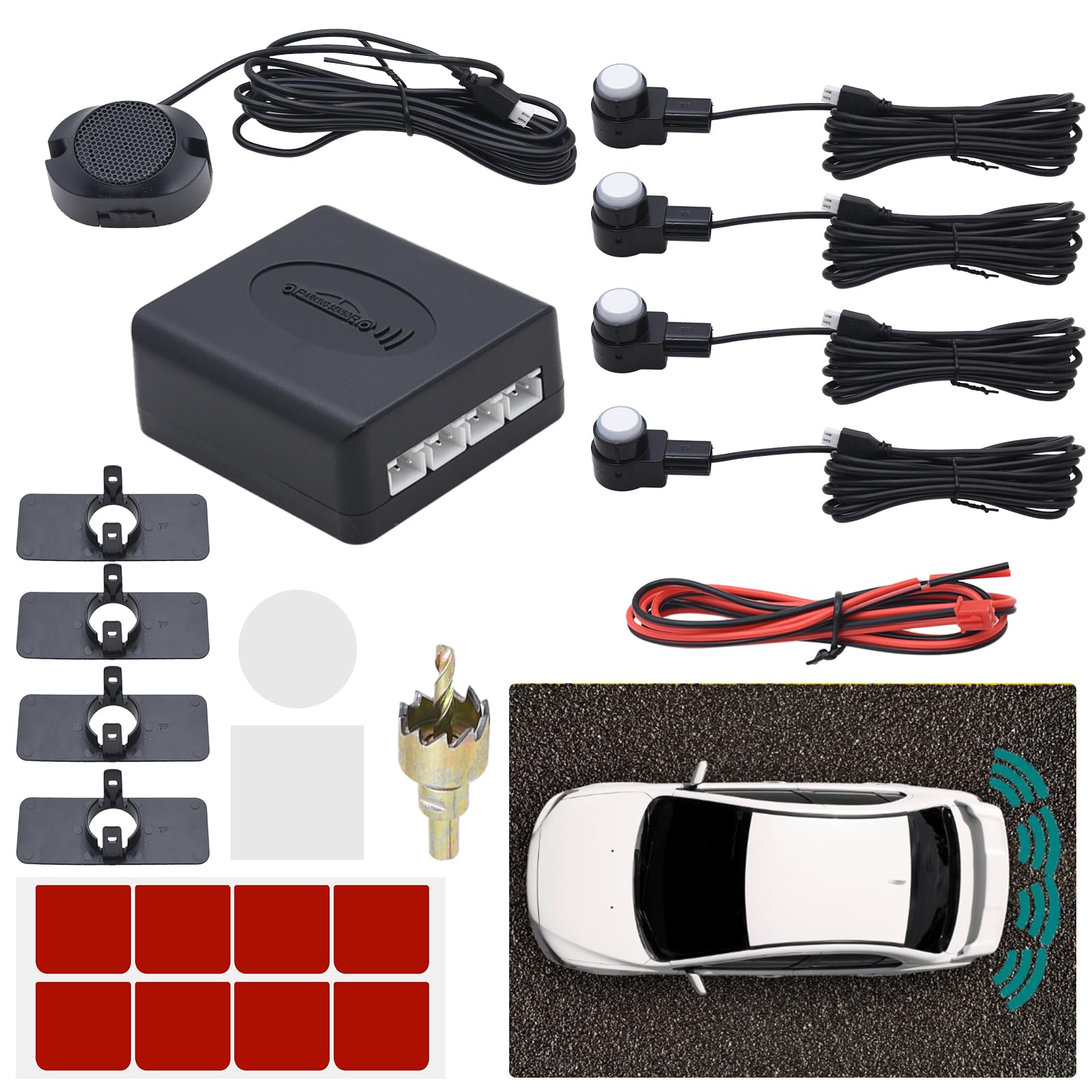 KAOLALI Auto Einparkhilfe 4 Hinten Sensoren, Universal Auto Parksensoren Rückwärtsparkhilfe Einparksystem Audio Buzzer Alarm für Auto, Weiß KAOLALI Auto Einparkhilfe 4 Hinten Sensoren, Universal Auto Parksensoren Rückwärtsparkhilfe Einparksystem Audio Buzzer Alarm für Auto, Weiß von KAOLALI