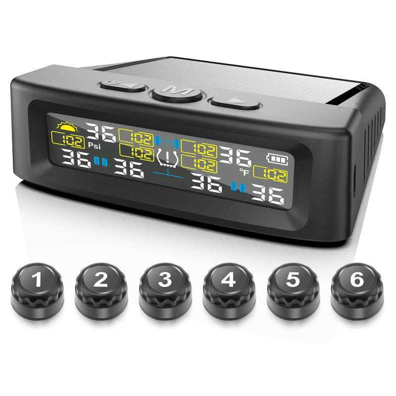 KAOLALI Reifendruckkontrollsystem TPMS Kabellose Solar 6 Räder Reifendrucküberwachung mit digitaler Anzeige, 9,9 Bar/144 PSI Max, Solar & USB Aufladung, für LKWs, Wohnwagen, Busse von KAOLALI