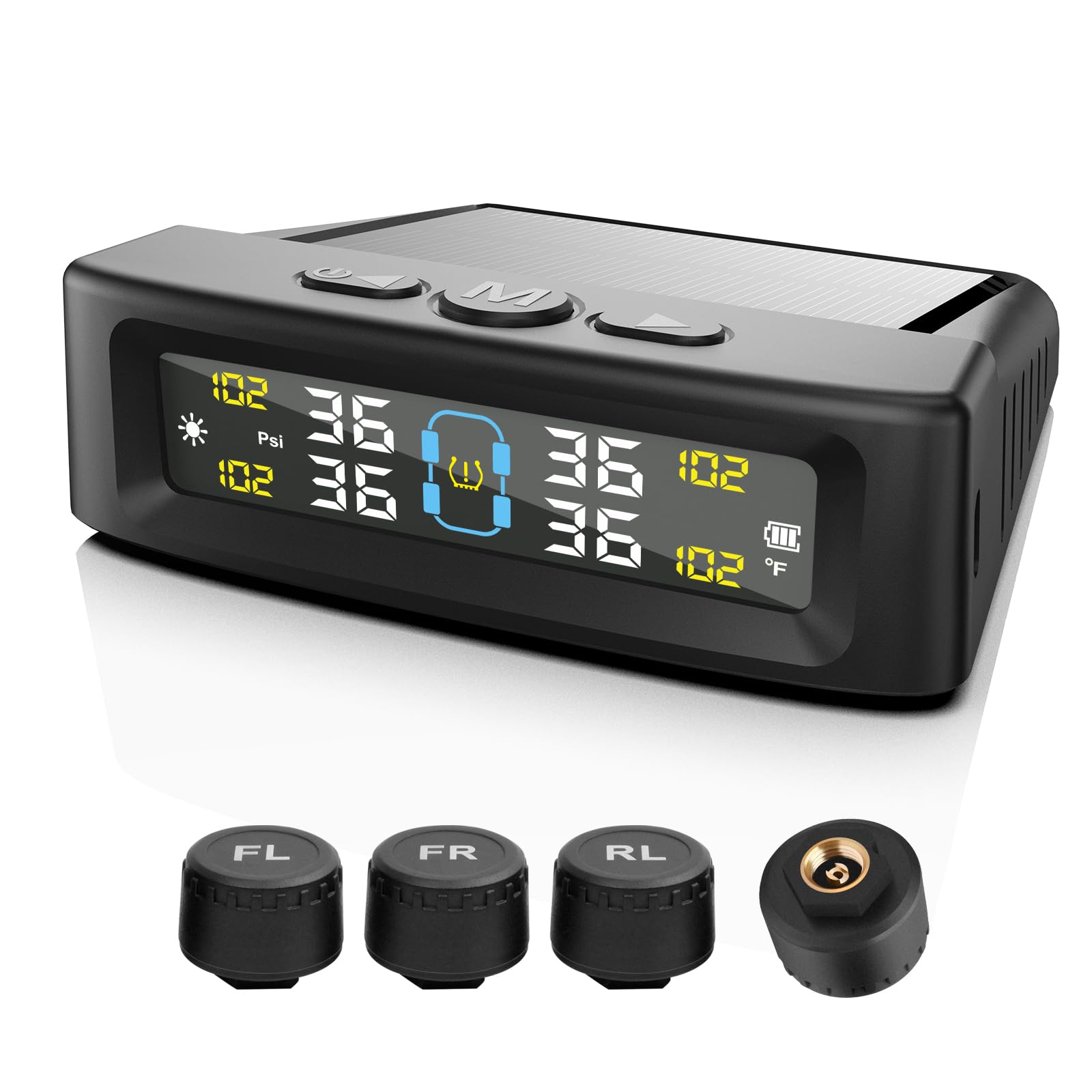 KAOLALI Reifendruckkontrollsystem TPMS Kabellose Solar-Reifendrucküberwachung mit 4 Externen Reifendrucksensor, Echtzeit-Anzeige Temperatur Druck 5 Bar Solar & USB-Ladung für Auto SUV KAOLALI Reifendruckkontrollsystem TPMS Kabellose Solar-Reifendrucküberwachung mit 4 Externen Reifendrucksensor, Echtzeit-Anzeige Temperatur Druck 5 Bar Solar & USB-Ladung für Auto SUV von KAOLALI