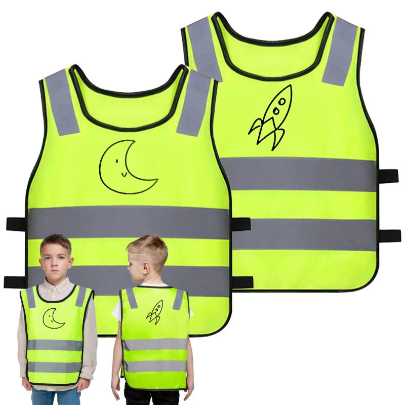 KAOTPO 2er-Set Warnweste Kinder und Leuchtweste Kinder, mit Niedlichen Motiven, für 1-12-jährige Geeignet, 360°-Sichtbare Kinder Warnweste, für Schulweg, Radfahren und Straßenverkehr. (Rakete) von KAOTPO