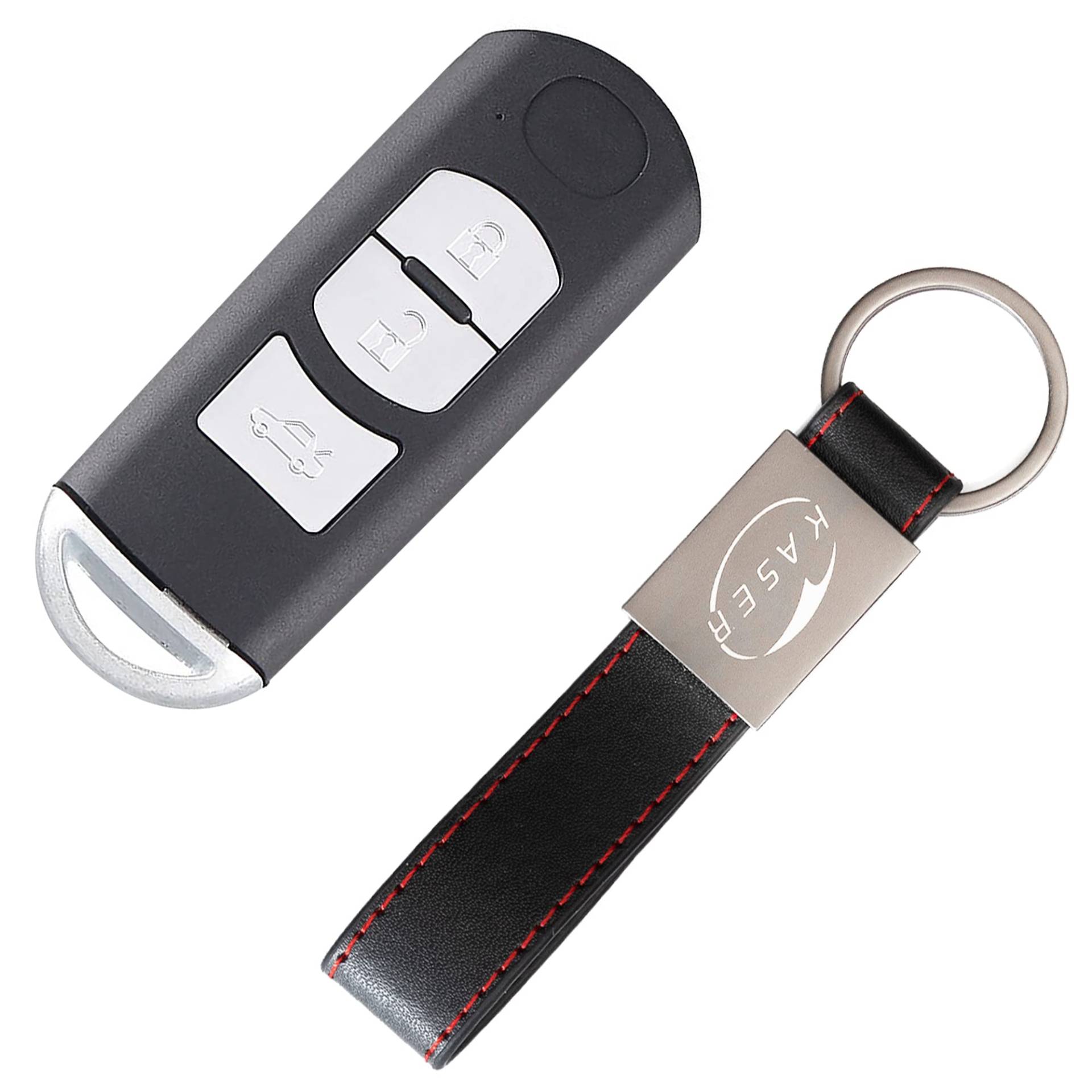 KASER Schlüssel Gehäuse Fernbedienung kompatibel für Mazda M2 M3 M5 M6 CX-3 Autoschlüssel Keyless 3 Tasten Funkschlüssel mit Leder Schlüsselanhänger - Batterieposition in der Mitte von Kaser