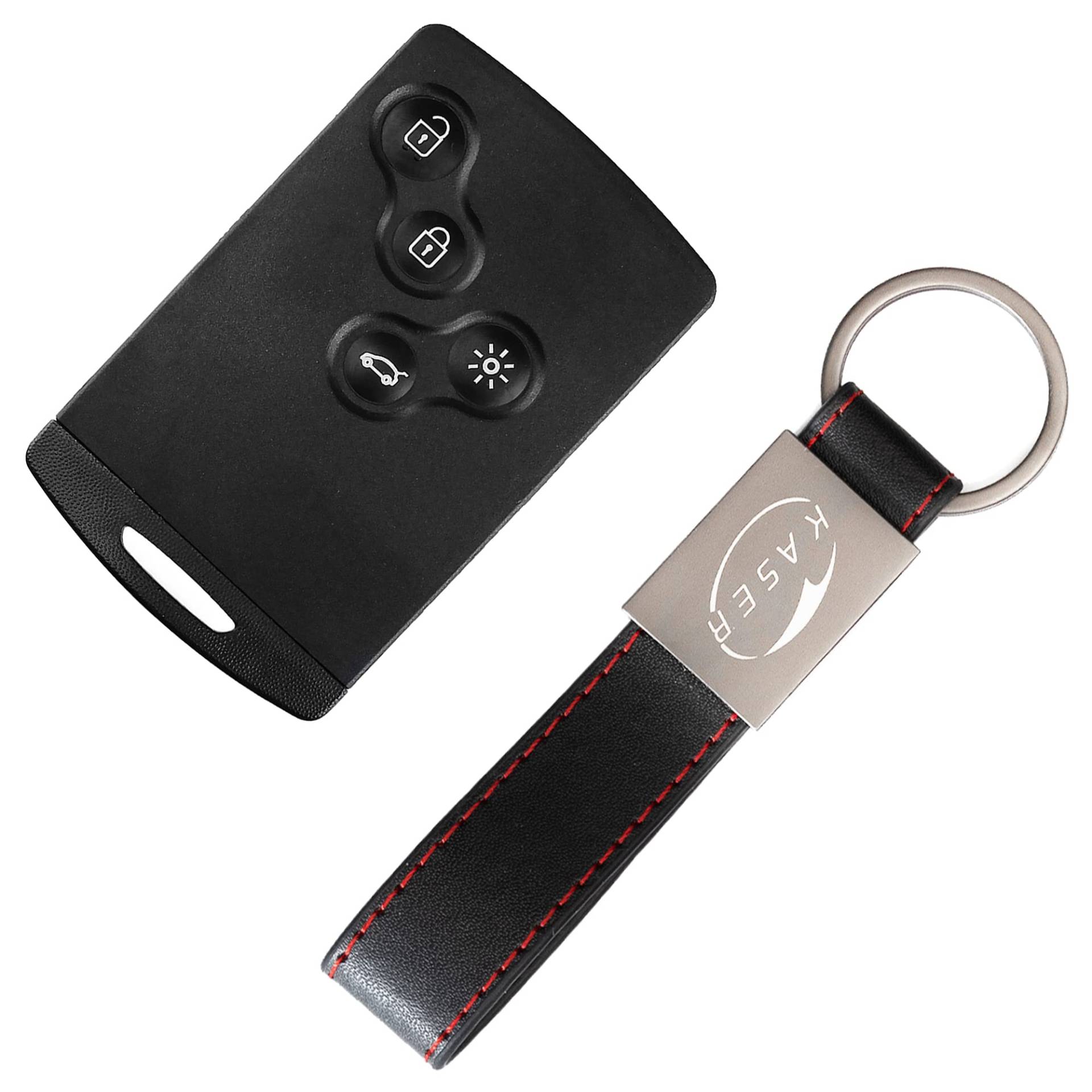 KASER Schlüssel Gehäuse Fernbedienung kompatibel für Renault Megane Koleos Scenic Clio Laguna Autoschlüssel Keyless 4 Tasten Funkschlüssel mit Leder Schlüsselanhänger von Kaser