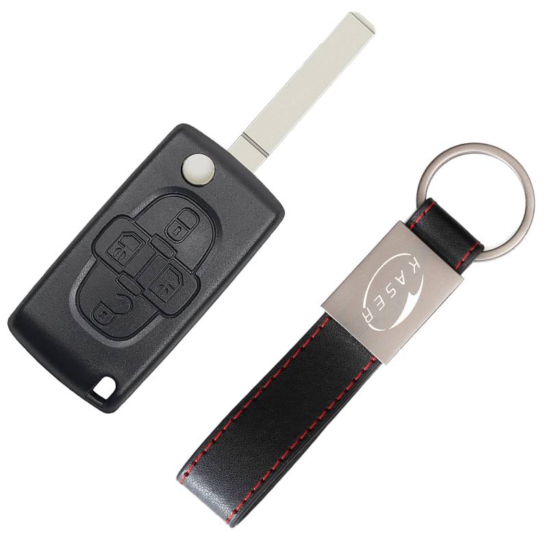 KASER Schlüssel Gehäuse Fernbedienung kompatibel für Peugeot 807 1007 per Citroen C8 3 Tasten Funkschlüssel mit Leder Schlüsselanhänger - CE0523 Klinge ohne Nut von Kaser