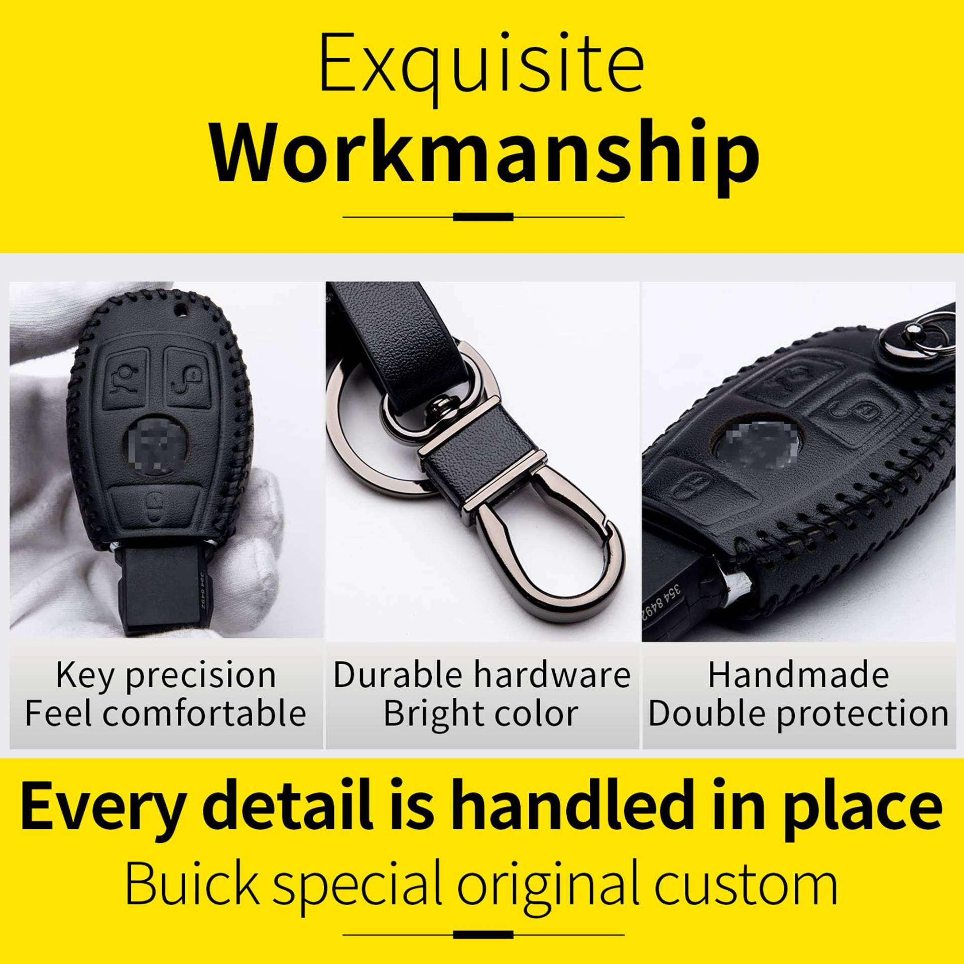 KASER Schlüsselhülle aus Leder für Mercedes Classe-E S A CLA GLE GLC GLK Schlüsselanhänger mit 3 Tasten mit schwarzer Naht von Kaser