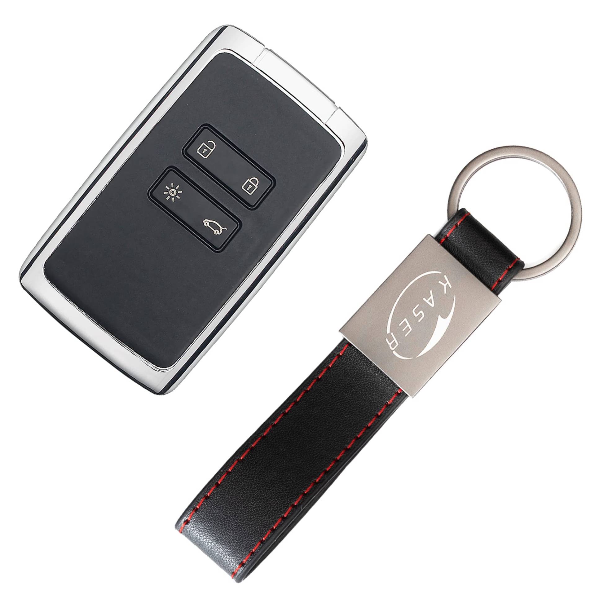 KASER Schlüssel Gehäuse Fernbedienung kompatibel für Renault Megane 4 Kadjar Espace 5 Autoschlüssel Keyless 4 Tasten Funkschlüssel mit Leder Schlüsselanhänger von Kaser