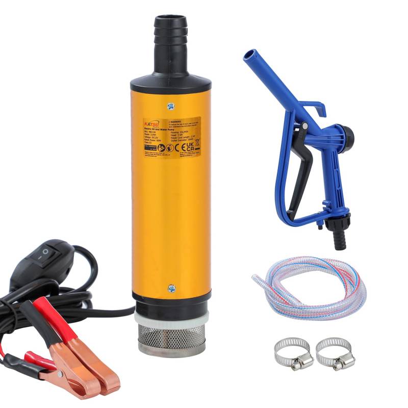 KATSU Tools 12 V 51 mm Diesel-Heizöl-Transferpumpen-Set, tragbare Tauchwasserpumpe aus Aluminiumlegierung mit Spenderpistole und 3 m Schlauch für den schnellen Einsatz von KATSU Tools