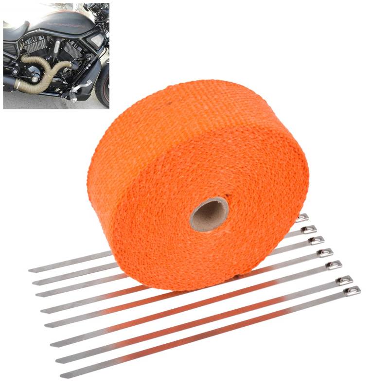 KATUR 2 "x50Ft Auspuff Heat Wrap Tap Header Glasfaser Wrap Kit mit 8 Stück 11,8 Zoll Edelstahl Verschluss Krawatten (Orange) von KATUR