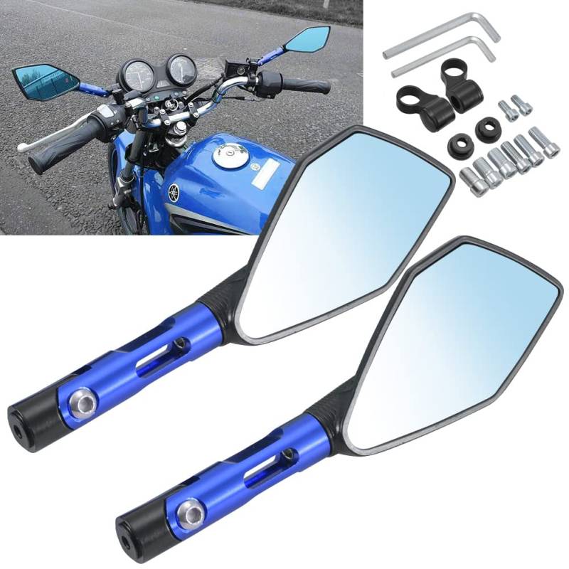 KATUR Motorrad Lenkerendspiegel Rückspiegel Blau Motorrad Blendschutz Bläulich Hawk-Eye Spiegel 8MM 10MM Im Uhrzeigersinn Gewindebolzen Halterungen für K awasaki S uzuki H onda V ictory C Hopper von KATUR