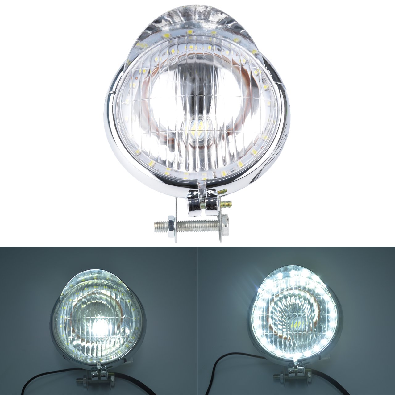 KaTur Universal4.5 Motorrad Scheinwerferlampe Retro Klare Linse Seite Montiert Single Scheinwerfer Glühlampe (Silber Gehäuse) von KATUR