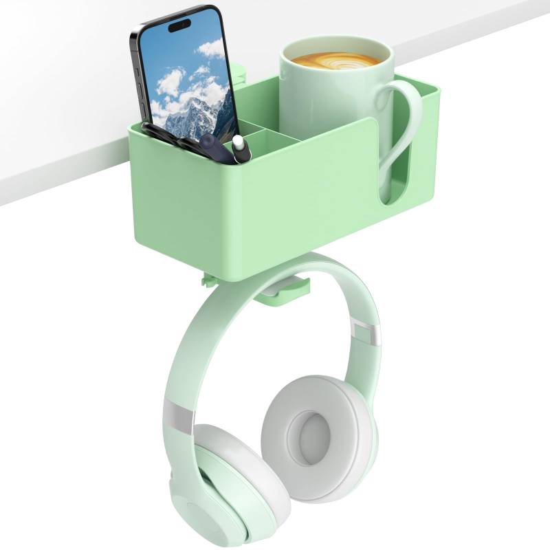 KDD 4 in 1 Getränkehalter Tisch - Kopfhörer Halter Unter Schreibtisch - Headset Halter 360° Drehbarer Headphone Stand & Abnehmbarer Becherhalter Stiftehalter Organizer für Tasse Handy Stift (Grün) von KDD