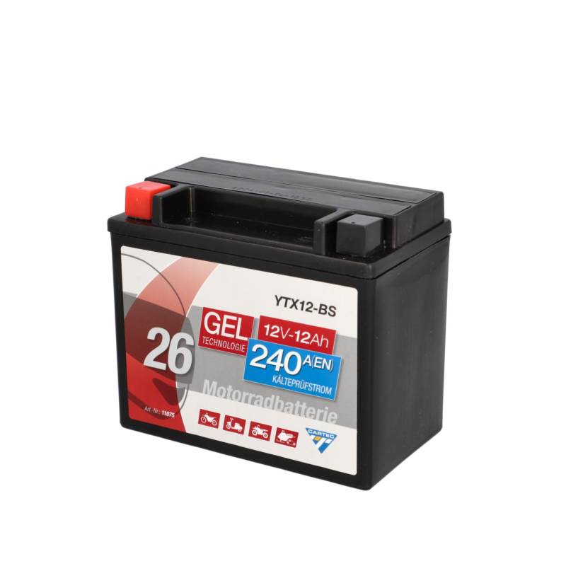 CARTEC Motorradbatterie YTX12-BS 12Ah, 240A, Gel Technologie Motorrad-Starter-Batterie, Erstausrüsterqualität, zyklenfest, lagerfähig, wartungsfrei, schwarz von Cartec