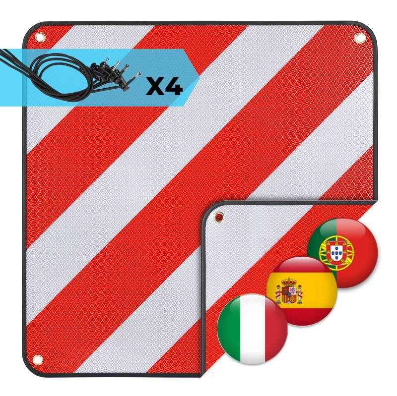 KEMIMOTO Warntafel Italien und Spanien, 50 * 50cm reflektierendes Warntafel Fahrradträger mit 4 Stücke Spanngurte, rot weiß Warnschilder für Fahrradträger, Wohnmobil von KEMIMOTO