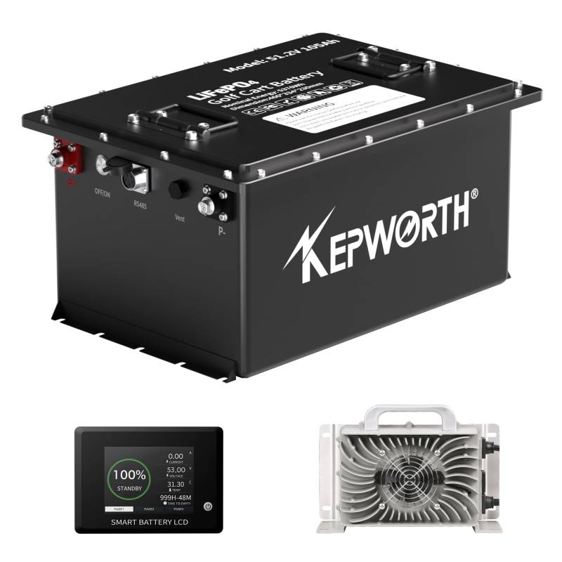 KEPWORTH 48V 100Ah LiFePO4 Batterie, Golfwagen Boot Batterie, 200A BMS, Max. 15000 Zyklen Deep Cycle Lithium Akku,Mit einem Batteriemonit,20A Ladegerät von KEPWORTH
