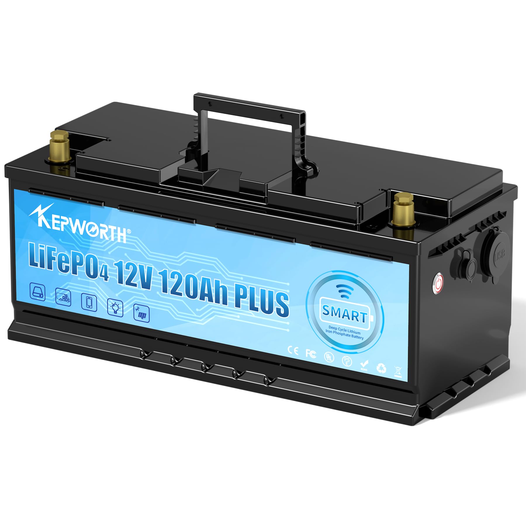 KEPWORTH Bluetooth LifePo4 Akku 12v 120ah Autobatterie mit BMS Deep Cycles für Wohnmobil, Boot, Camping oder Solaranlage inkl. Ladegerät / 5 Jahre Garantie… von KEPWORTH