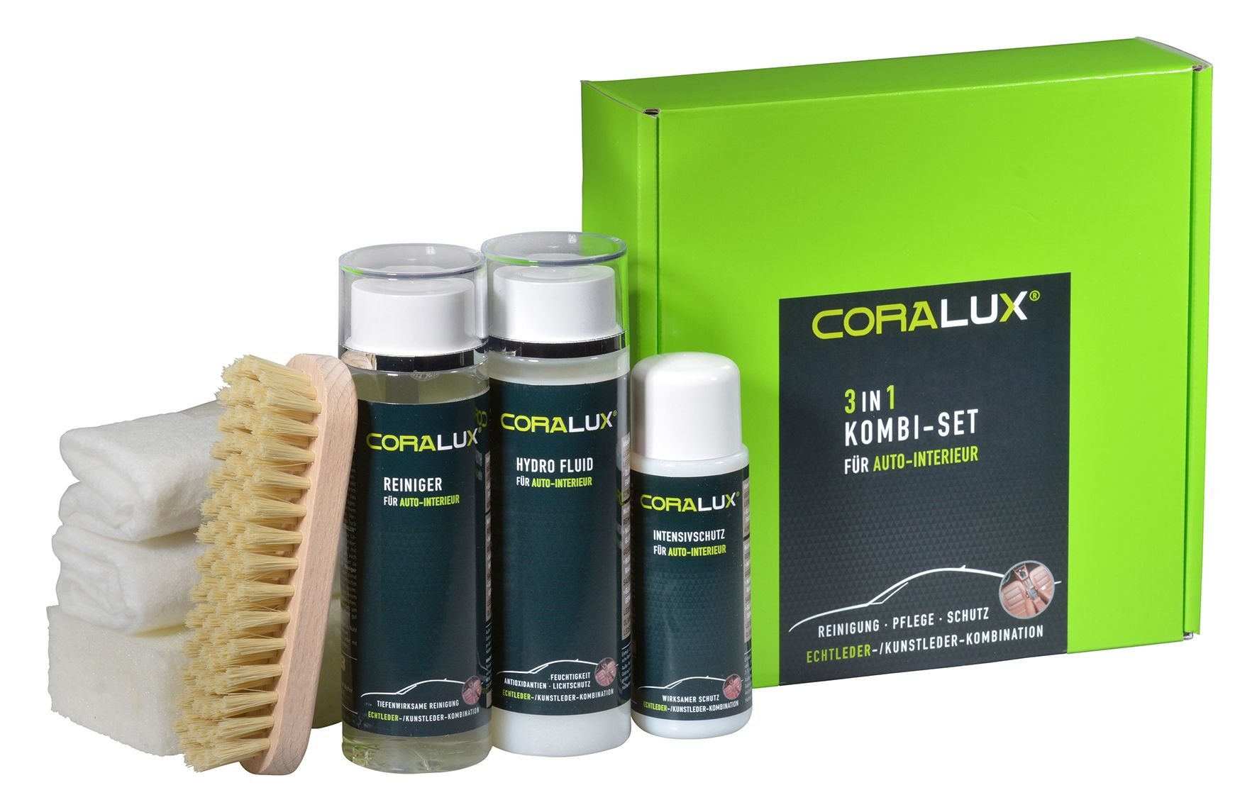 CORALUX Set 3in1 Pflege fürs Autoleder. 200 ml Reiniger 200 ml Pflege 100 ml Intensivschutz vor Anschmutzung. Von LCK von CORALUX
