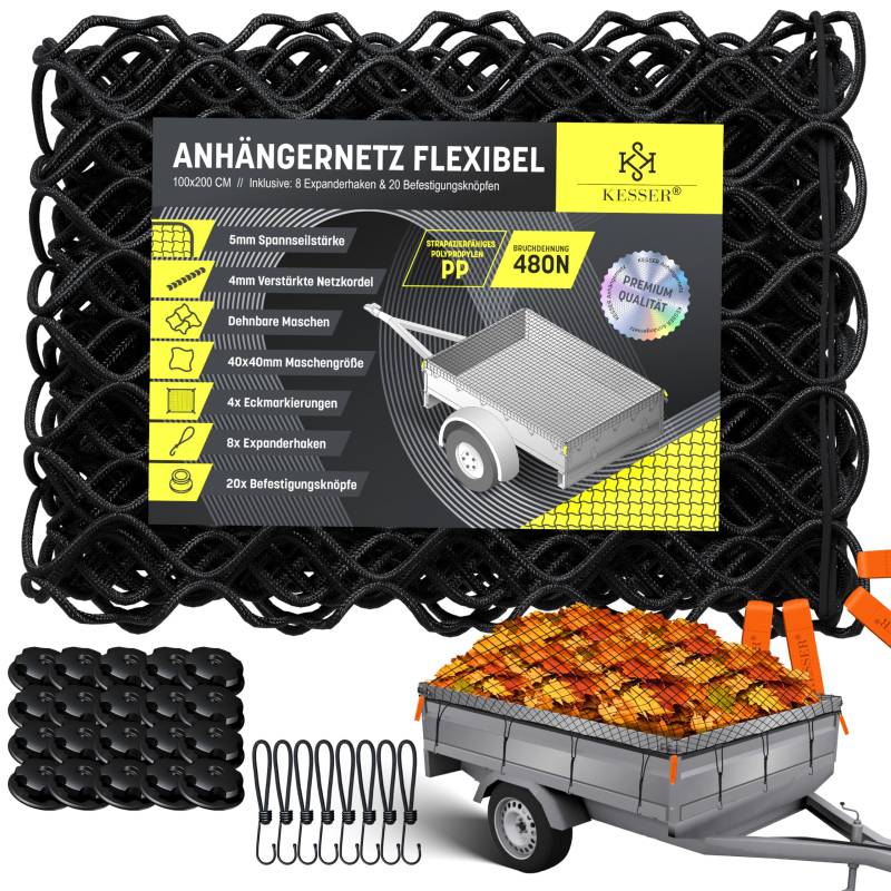 KESSER® Anhängernetz 1x2m Dehnbar feinmaschig | Hängernetz mit Spannseil & Netzkordel für Ladungssicherung elastisches Sicherungs-Netz Eckmarkierungen Expander-Haken & Befestigungsknöpfen Schwarz von KESSER