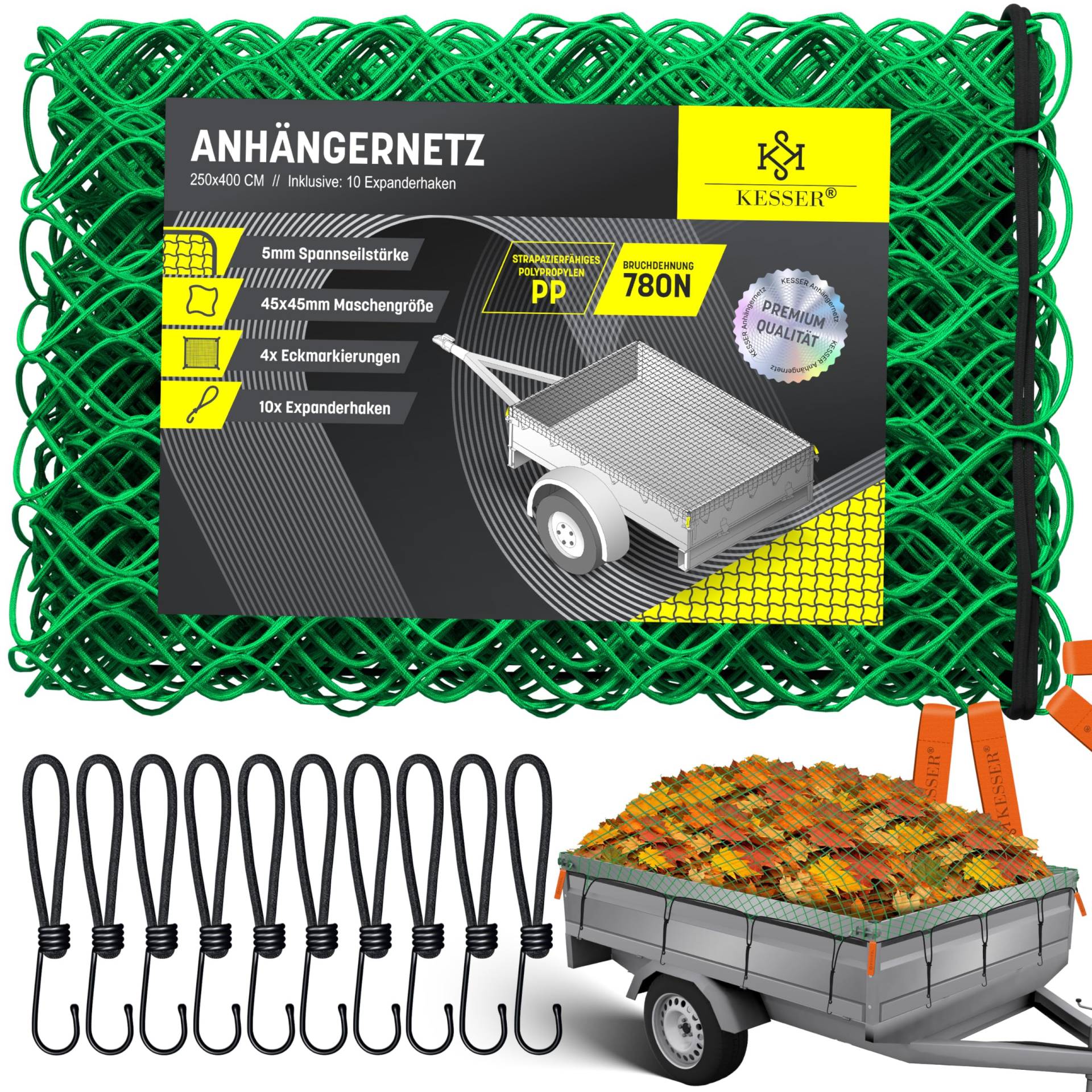 KESSER® Anhängernetz 2,5x4m feinmaschig | Hängernetz mit Spannseil & Netzkordel | Containernetz für Ladungssicherung | Sicherungs-Netz Eckmarkierungen Expander-Haken & Befestigungsknöpfen Grün von KESSER