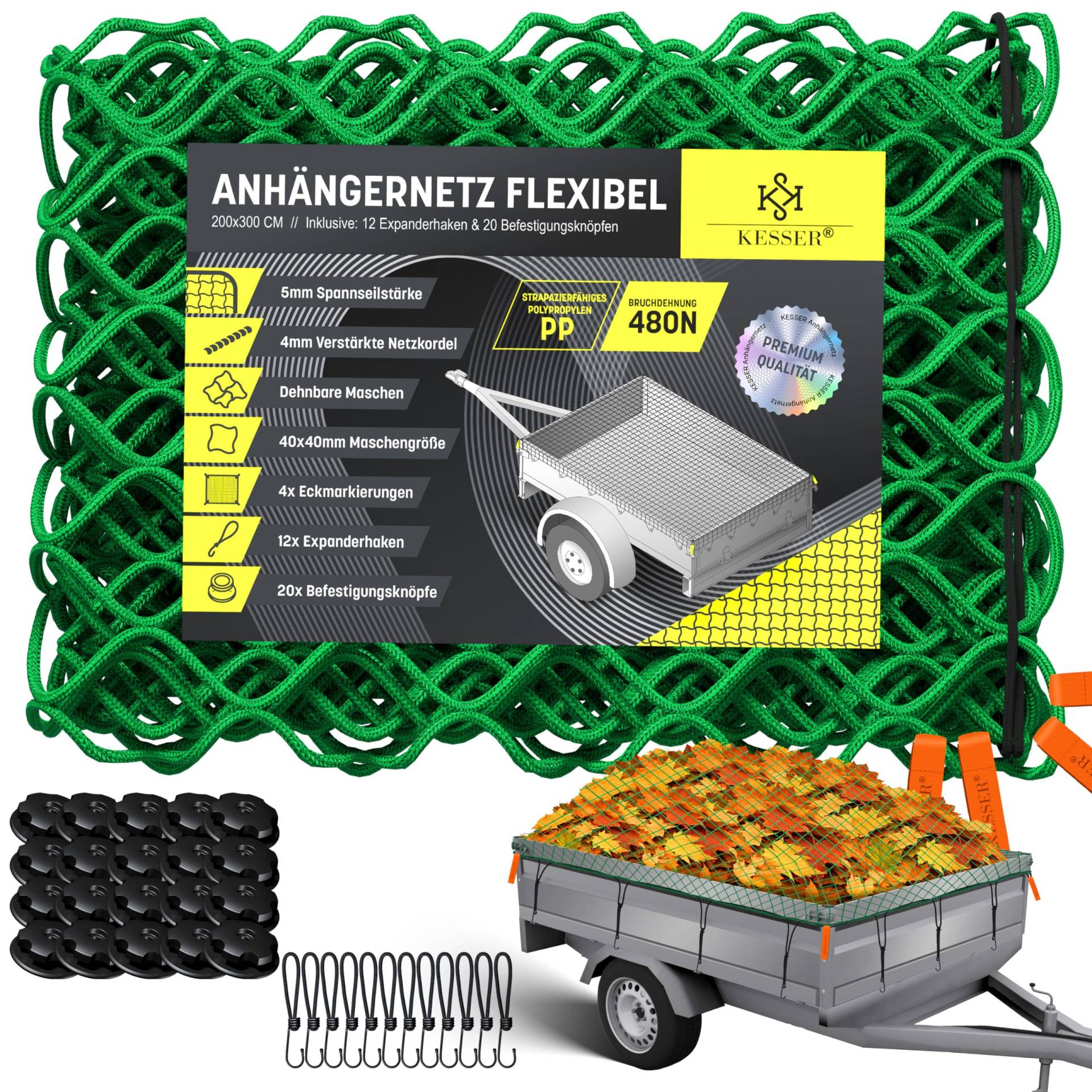 KESSER® Anhängernetz 2x3m Dehnbar feinmaschig | Hängernetz mit Spannseil & Netzkordel für Ladungssicherung | elastisches Sicherungs-Netz Eckmarkierungen Expander-Haken & Befestigungsknöpfen Grün von KESSER