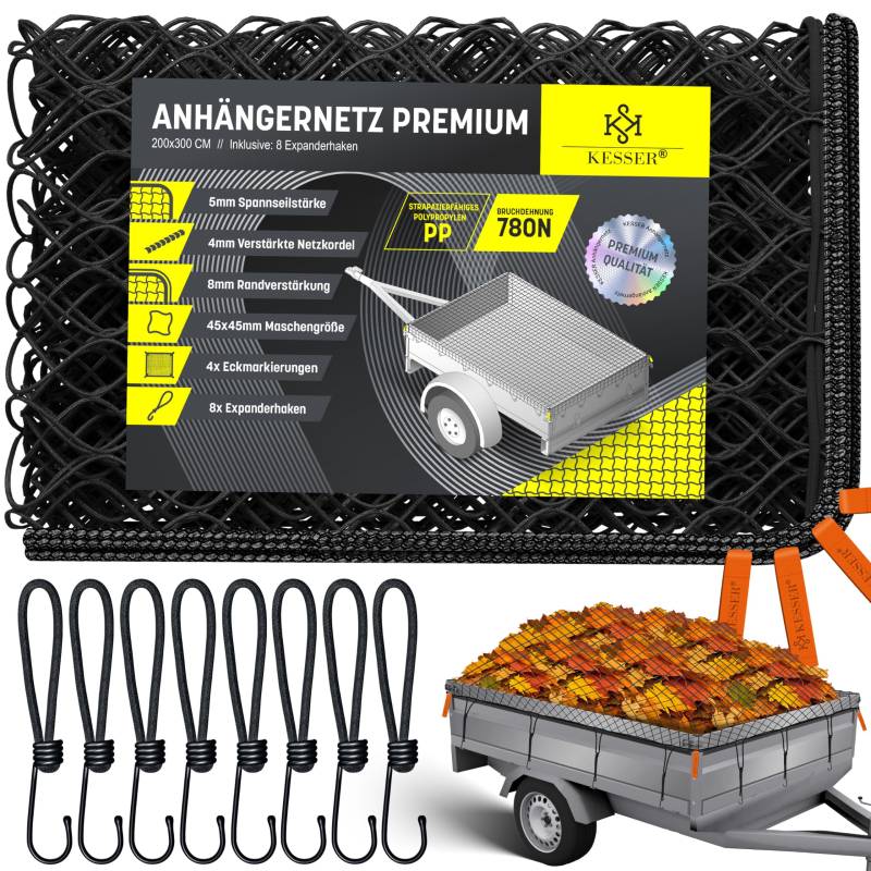 KESSER® Anhängernetz 2x3m feinmaschig | Hängernetz mit Spannseil & Netzkordel | Containernetz für Ladungssicherung | Sicherungs-Netz Eckmarkierungen Expander-Haken & Befestigungsknöpfen Schwarz von KESSER