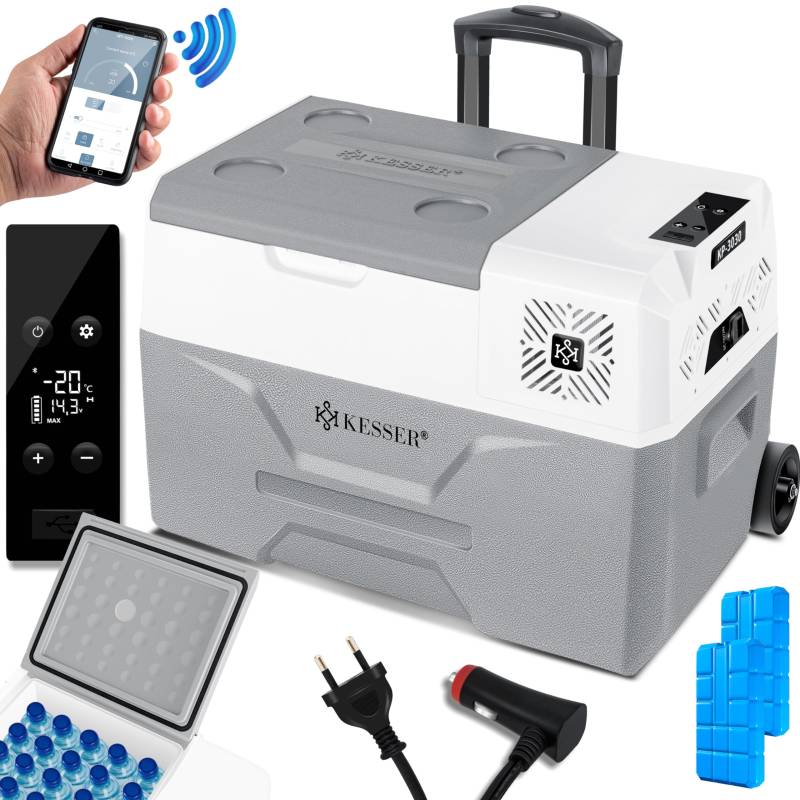KESSER® Kompressor Kühlbox elektrisch Gefrierbox, 30 Liter Mit APP-Steuerung USB-Anschluss 12/24 V 230V, +Teleskopstange, 2x Kühlakkus Räder Kühlschrank Kühlung bis -20 °C für Auto, Lkw, Boot von KESSER