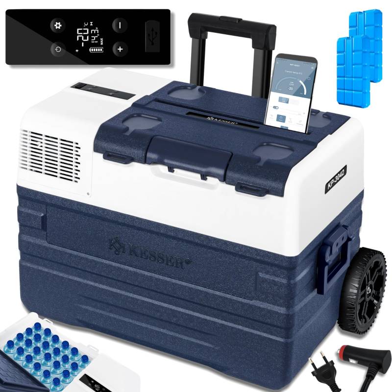 KESSER® Kompressor Kühlbox elektrisch Gefrierbox, 42 Liter Mit APP-Steuerung USB-Anschluss 12/24 V 230V, +Teleskopstange, 2x Kühlbox Räder Kühlschrank Kühlung bis -20 °C für Auto, Lkw, Boot + Kühlakku von KESSER