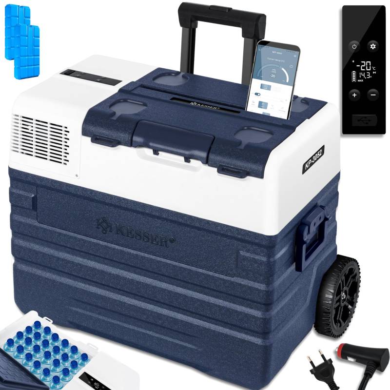 KESSER® Kompressor Kühlbox elektrisch Gefrierbox, 52 Liter Mit APP-Steuerung USB-Anschluss 12/24 V 230V, +Teleskopstange, 2x Kühlbox Räder Kühlschrank Kühlung bis -20 °C für Auto, Lkw, Boot + Kühlakku von KESSER