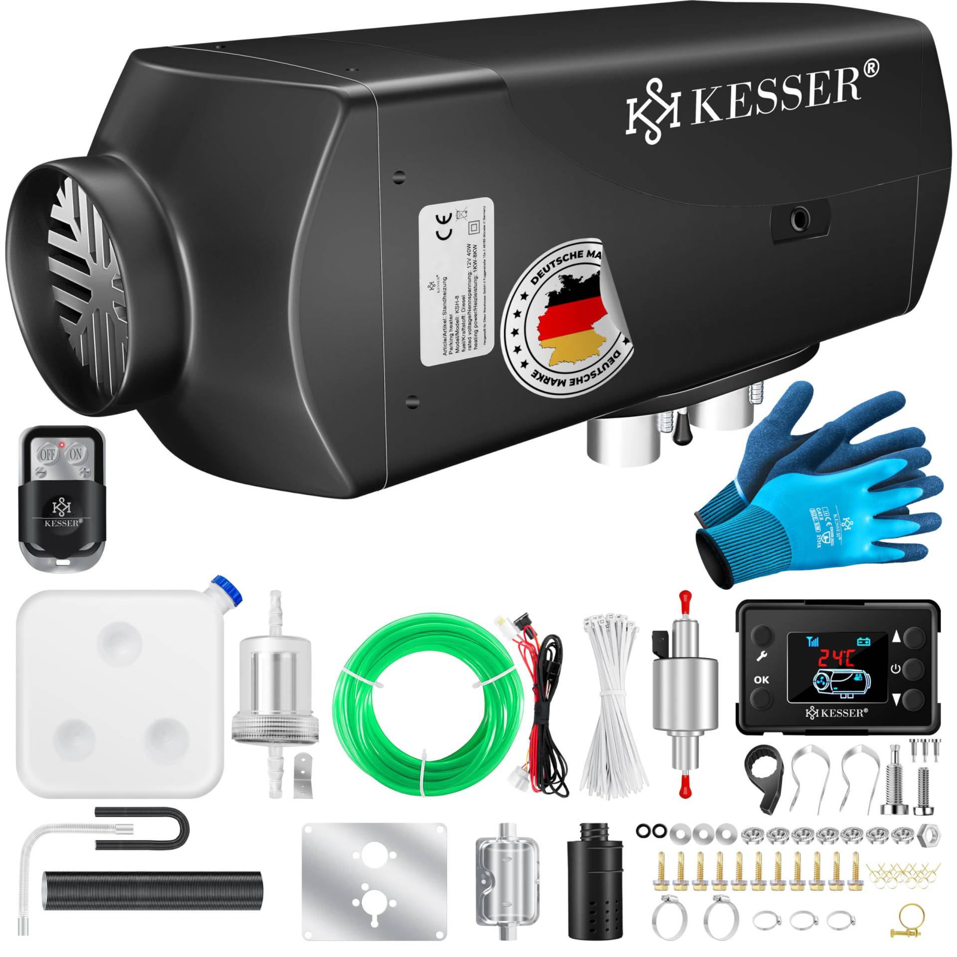 KESSER® Standheizung Diesel 5-8kW Dieselheizung 12V/24V mit Timer, LCD-Display & Fernbedienung | Schnelles Aufheizen | Lufterhitzer mit Schalldämpfer & Thermostat (Schwarz, 8KW) von KESSER
